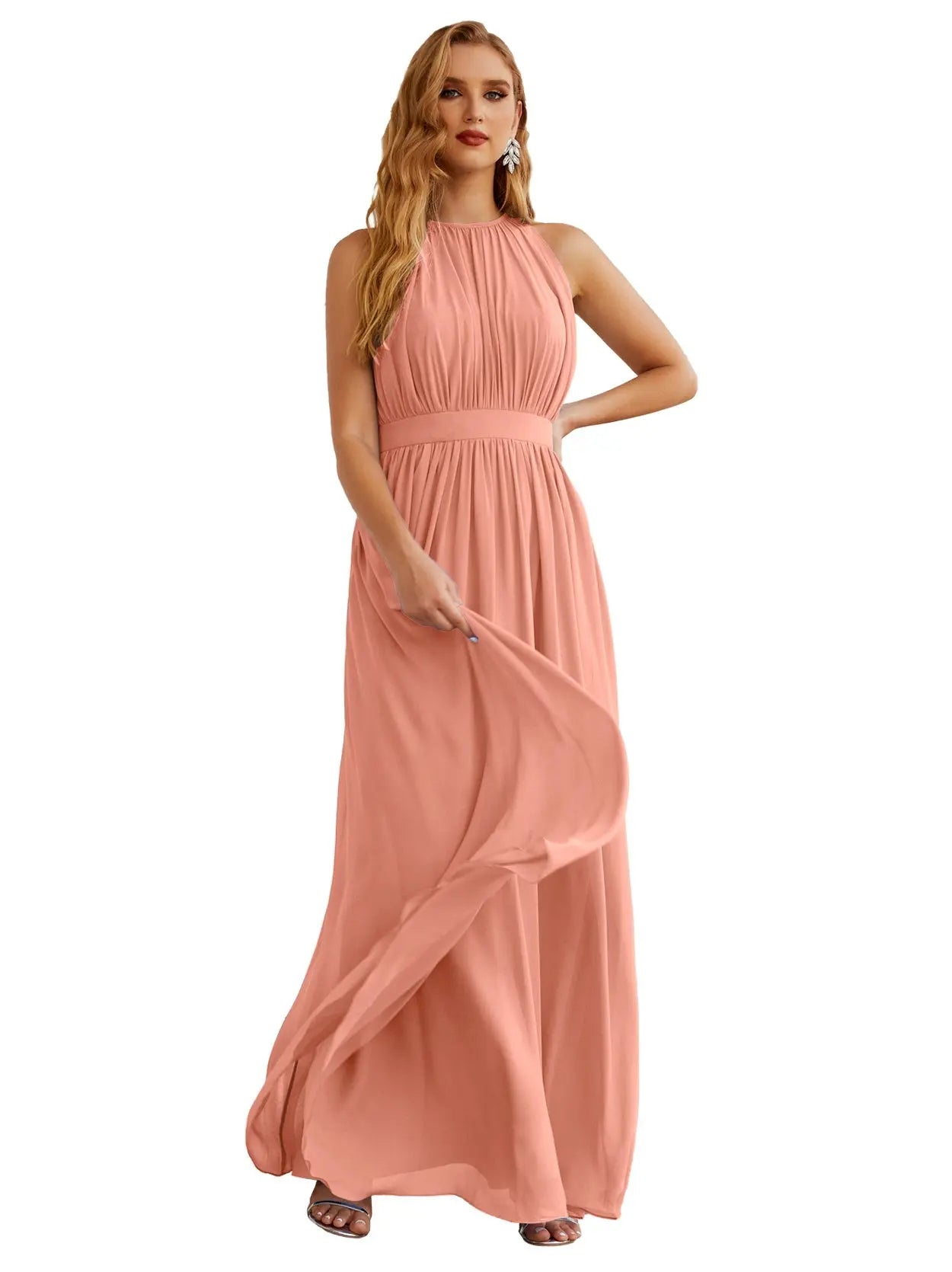 Elegant Dusty Blue High Neck Chiffon A-Line Bridesmaid Dress BS017 Sheer Fairy