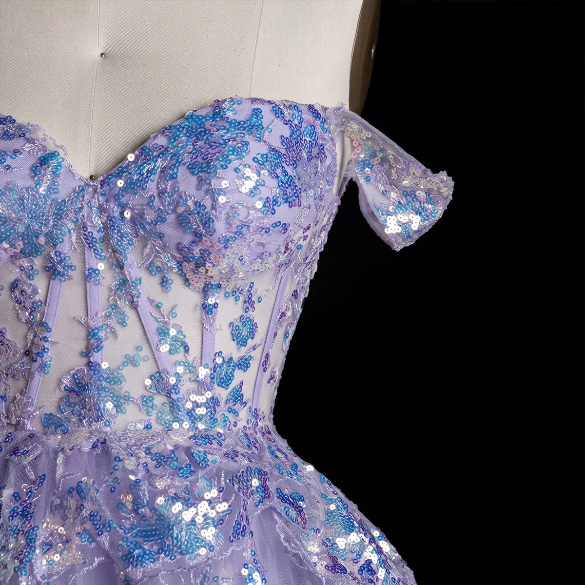 Champagne Sequin Tiered Ballgown Homecoming Dress RM156 Sheer Fairy