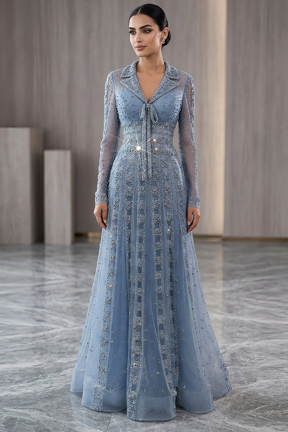 Beaded Sheer Sleeve Dusty Blue A-Line Formal Evening Dress SS419 Sheer Fairy