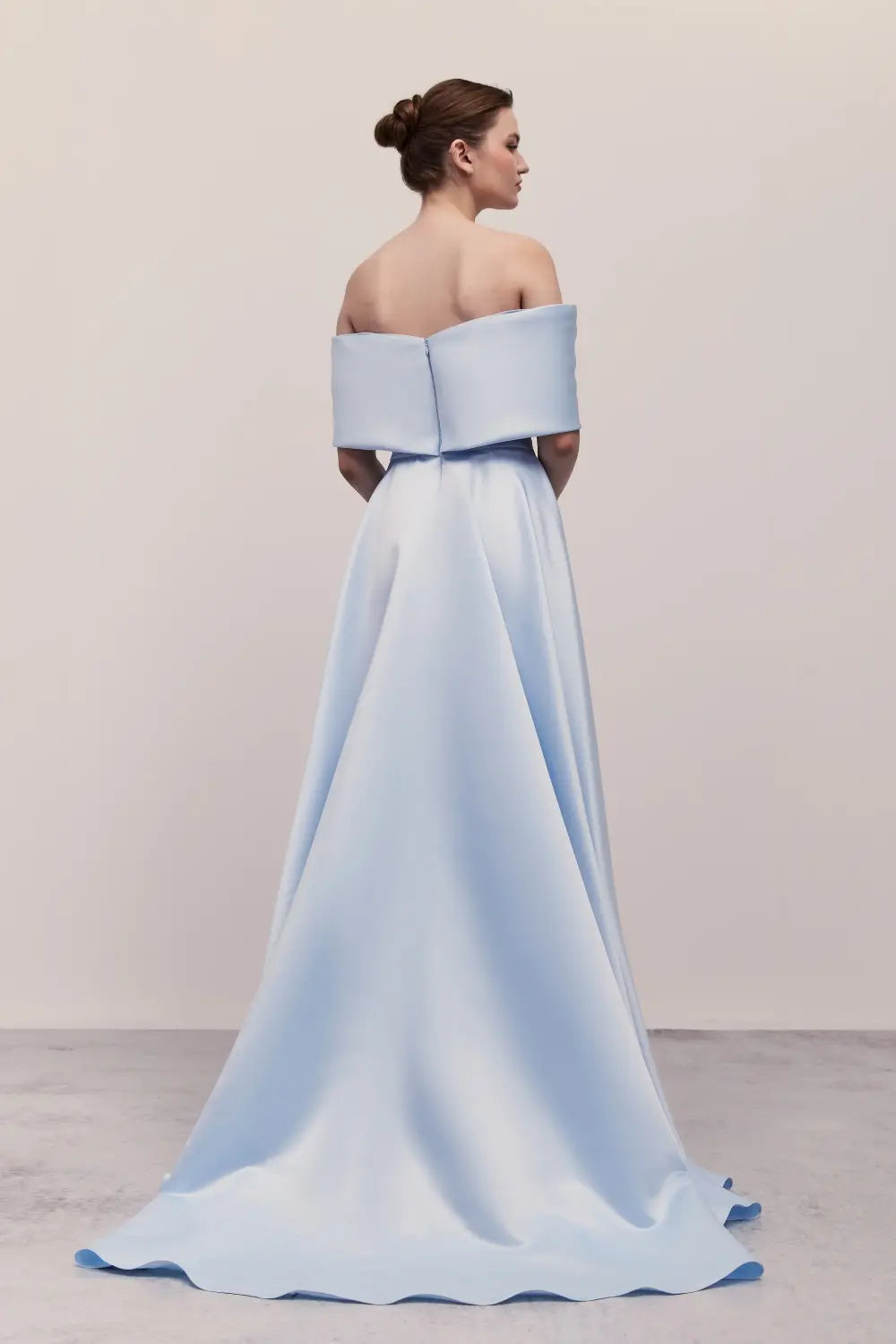 Asymmetric Off-the-Shoulder Dusty Blue Satin Evening Dress SF301 Sheer Fairy