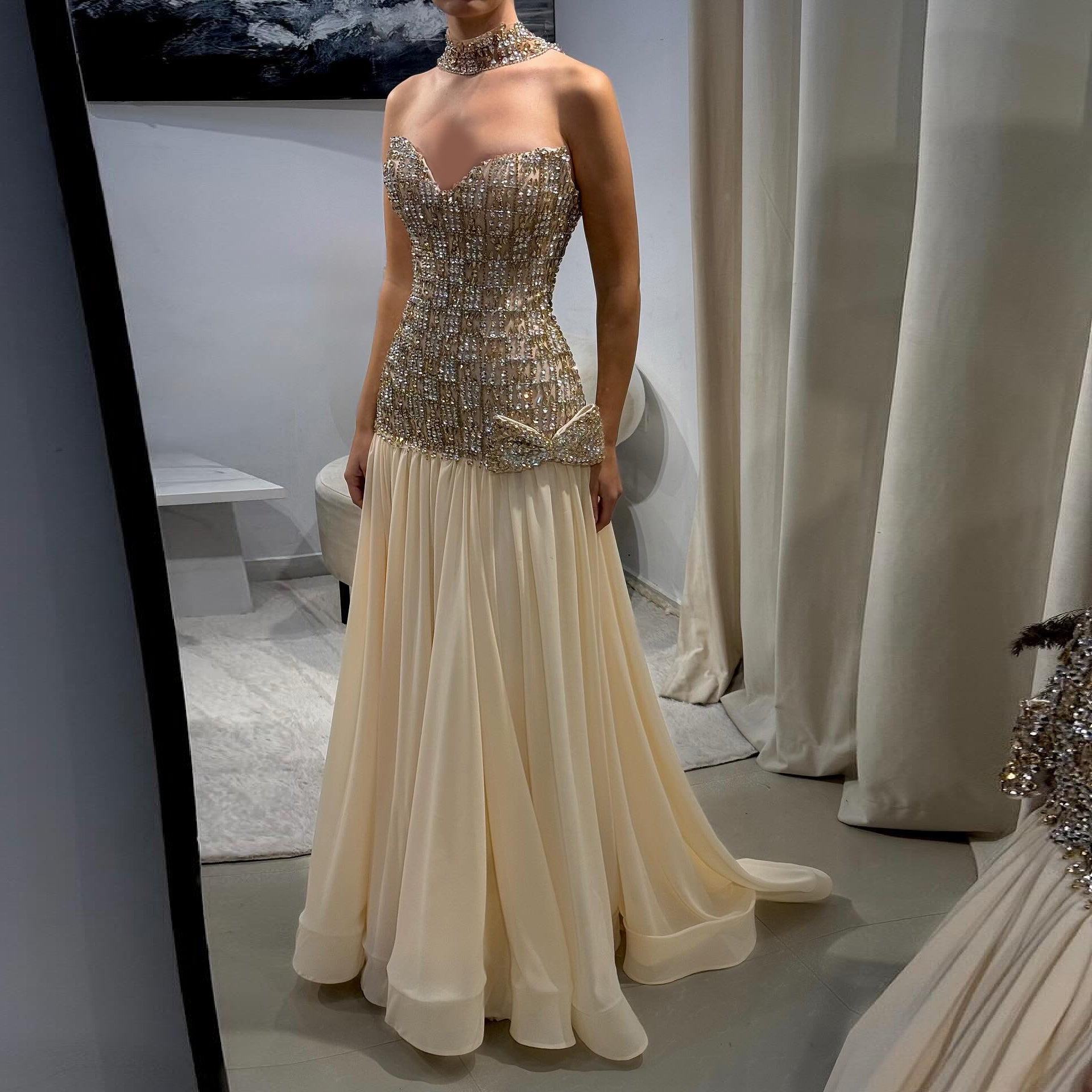 Sweetheart Gold Evening Dress with All-Over Crystal Beading & Flowy SS504 Sheer Fairy