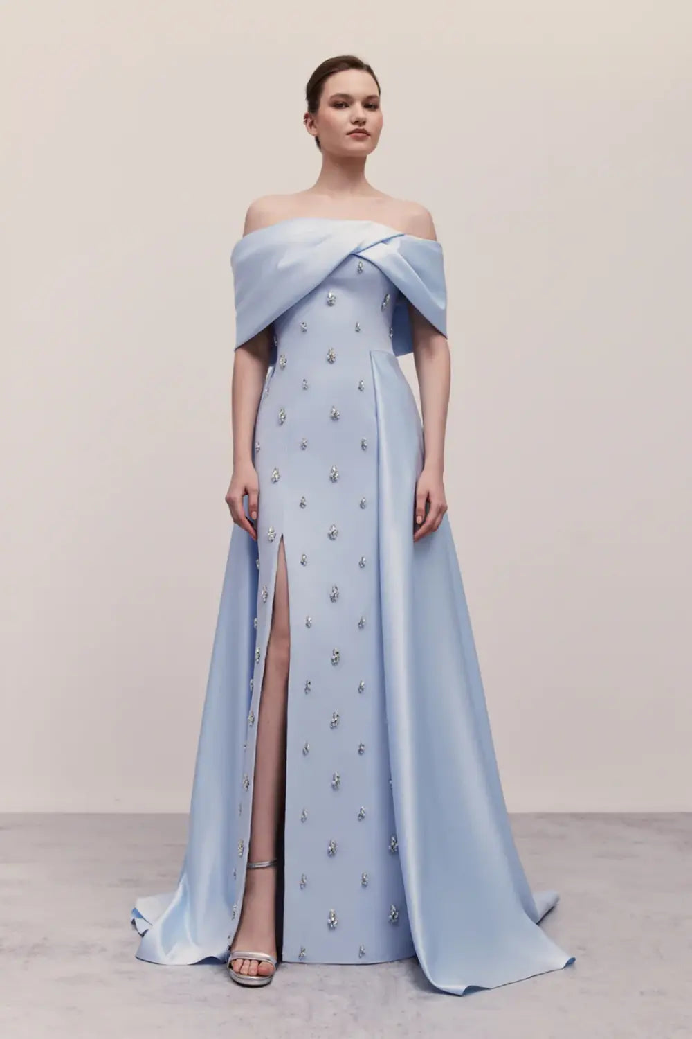 Asymmetric Off-the-Shoulder Dusty Blue Satin Evening Dress SF301 Sheer Fairy