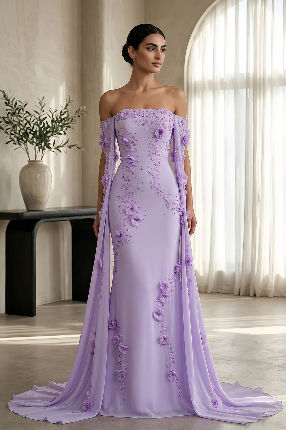 Luxury Lilac Off-the-Shoulder Mermaid Evening Dress with 3D Floral Applique SS450 Sheer Fairy