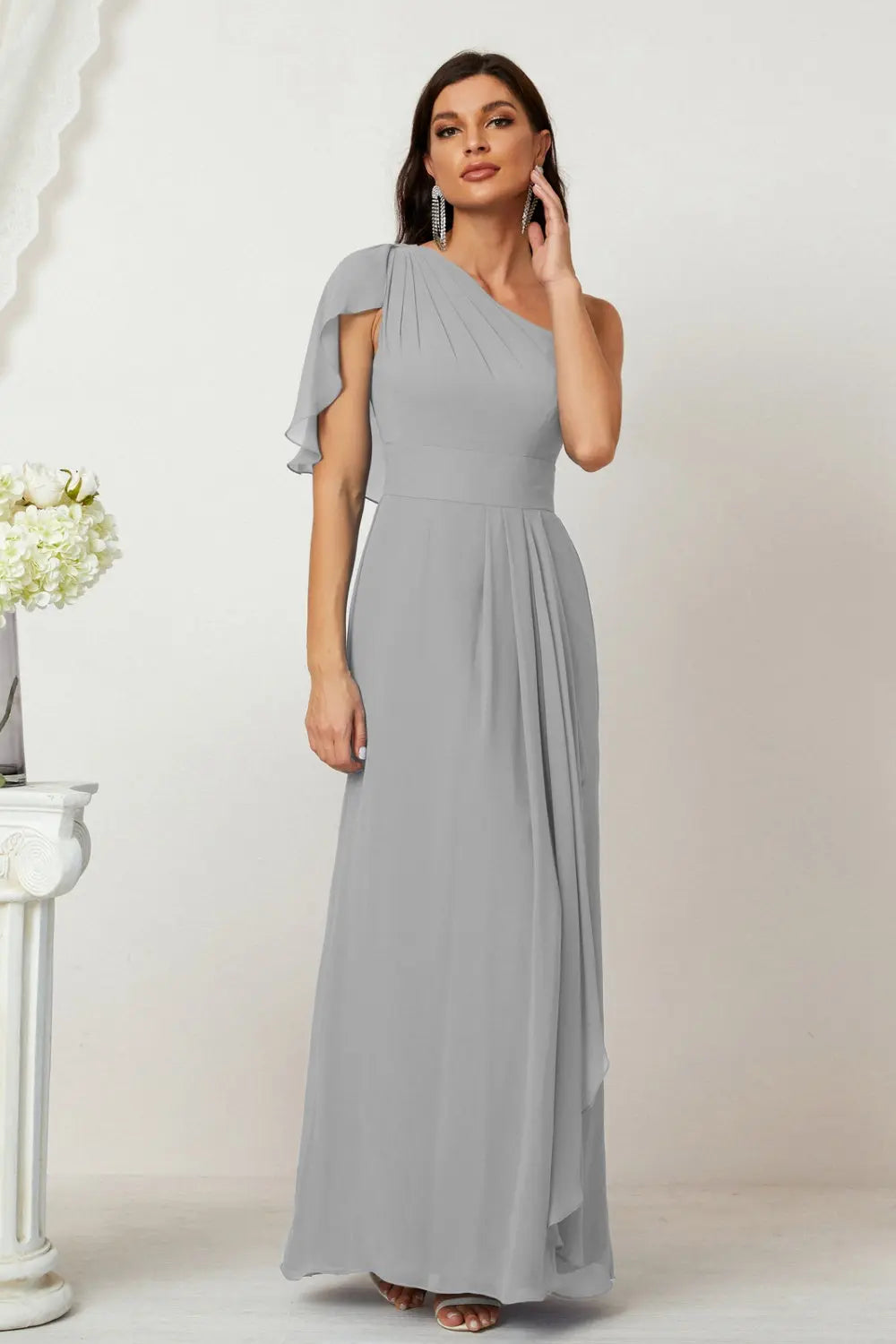Dusty Blue One-Shoulder Chiffon A-Line Bridesmaid Dress BS028 Sheer Fairy