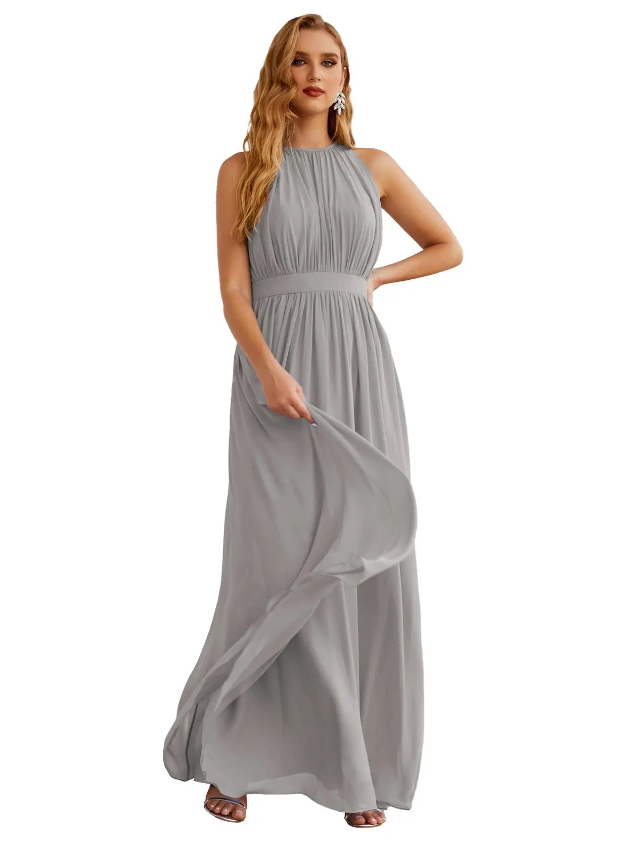 Elegant Dusty Blue High Neck Chiffon A-Line Bridesmaid Dress BS017 Sheer Fairy