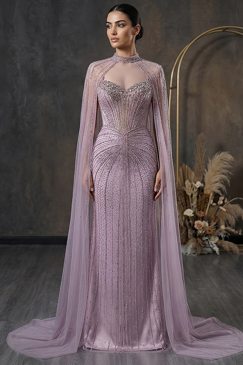 Luxury Mint Green Beaded Mermaid Evening Dress with Cape SS156 Sheer Fairy