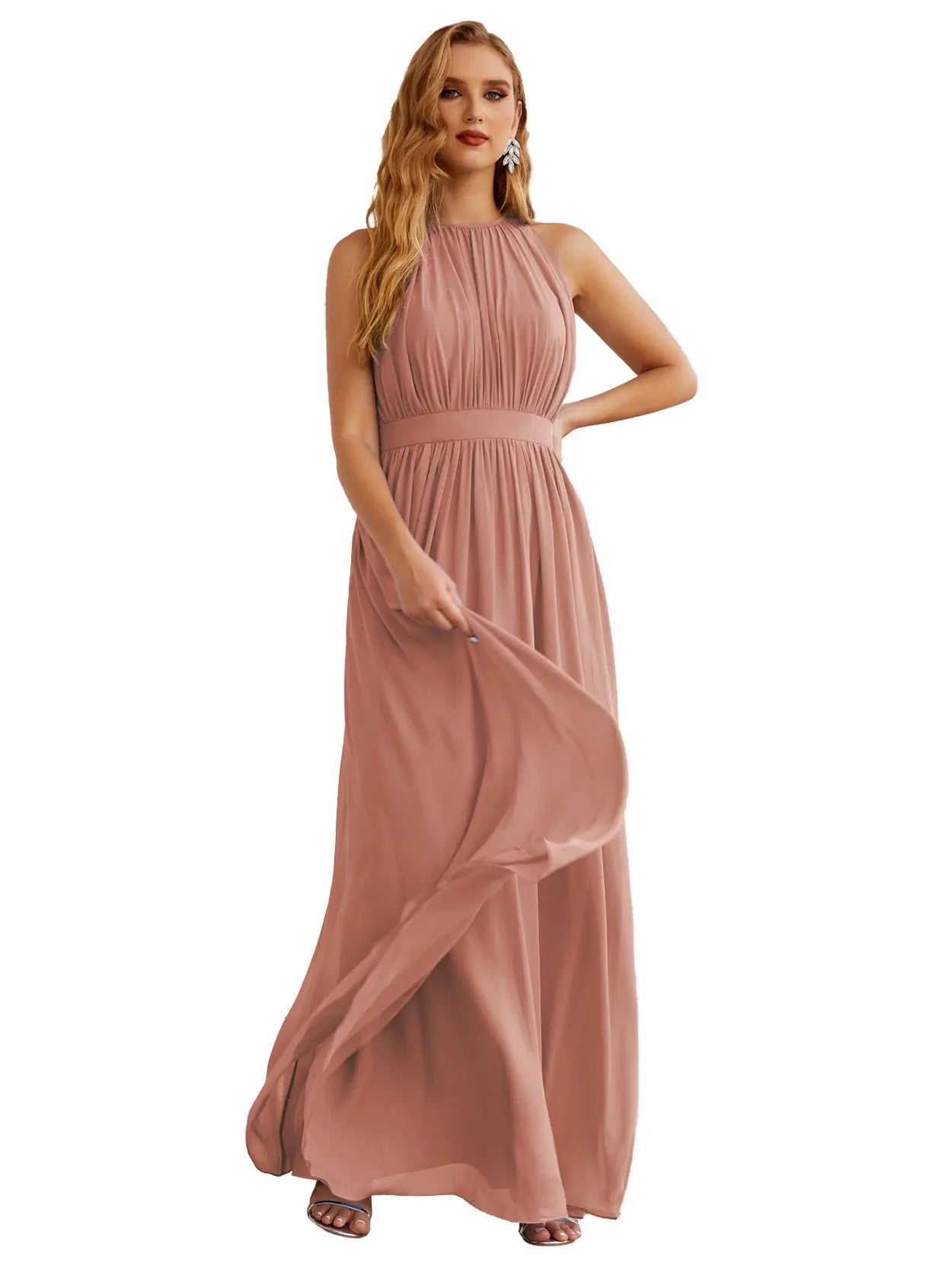 Elegant Dusty Blue High Neck Chiffon A-Line Bridesmaid Dress BS017 Sheer Fairy