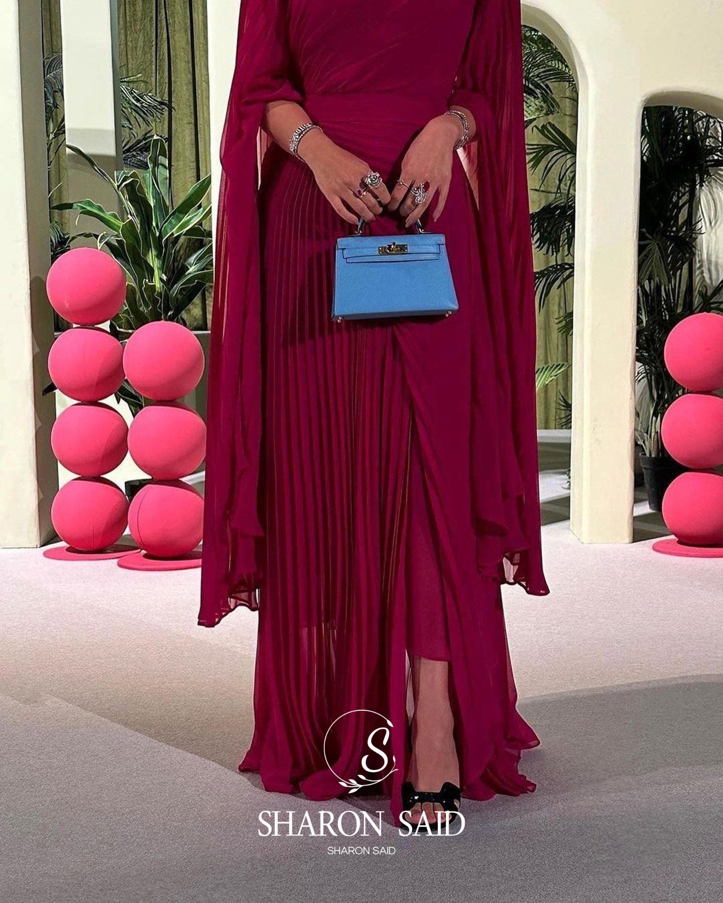 Deep Fuchsia One-Shoulder Pleated Chiffon Evening Dress with Cape Sleeves SF085 Sheer Fairy