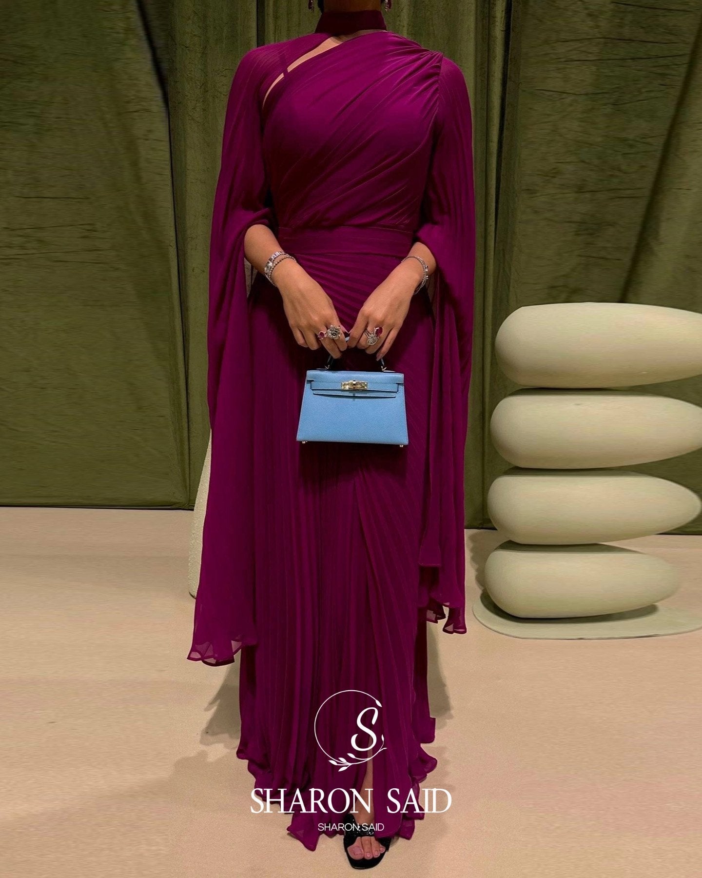 Deep Fuchsia One-Shoulder Pleated Chiffon Evening Dress with Cape Sleeves SF085 Sheer Fairy