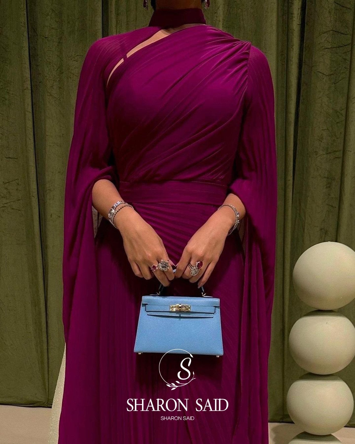 Deep Fuchsia One-Shoulder Pleated Chiffon Evening Dress with Cape Sleeves SF085 Sheer Fairy