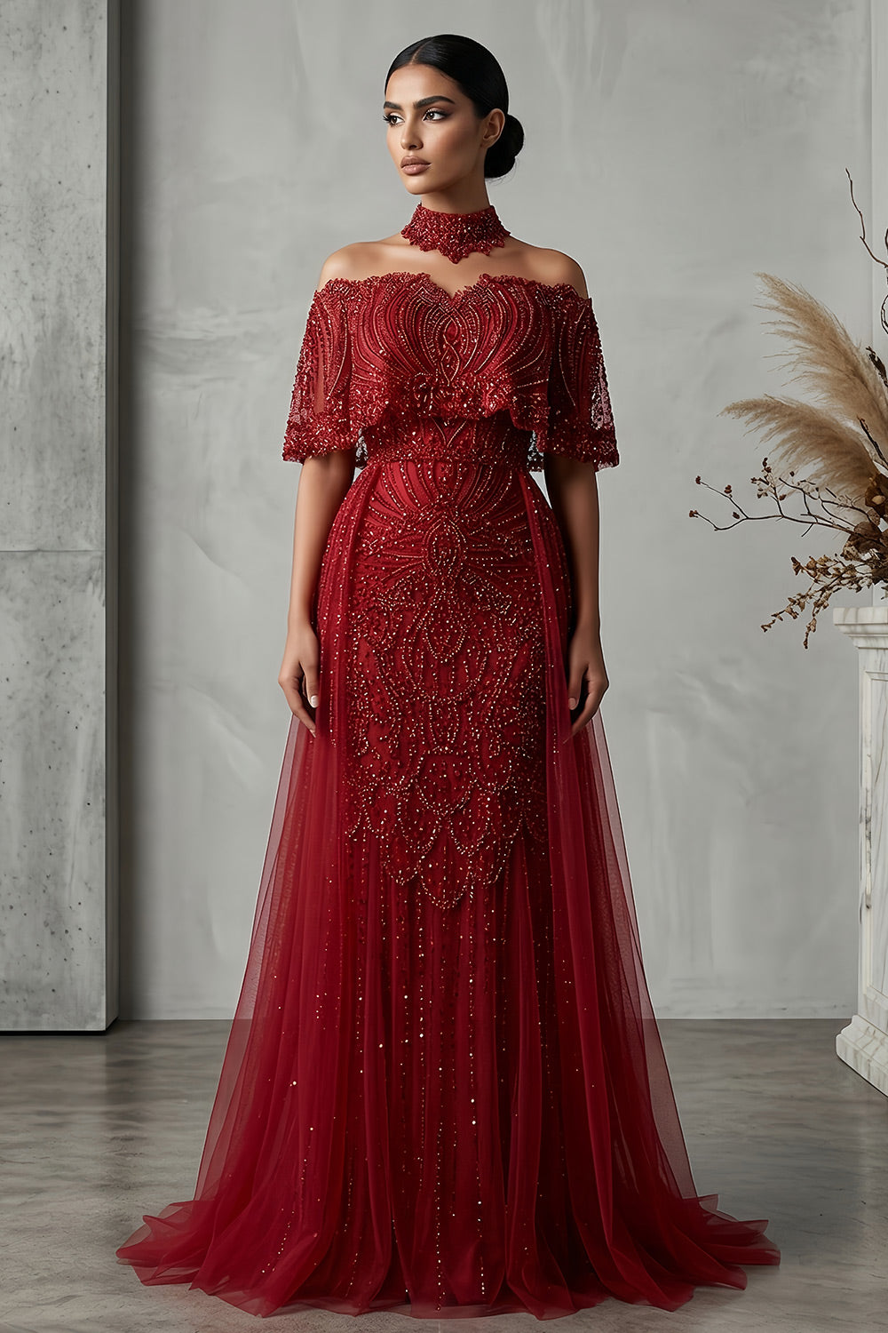 Luxury Champagne Beaded High Neck Cape Sleeve Mermaid Evening Gown SS557 Sheer Fairy