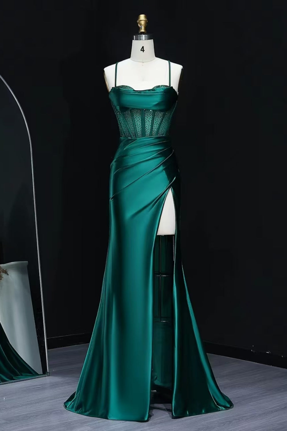 Emerald Green Satin Sheer Mesh Sheath Prom Dress SH537 Sheer Fairy