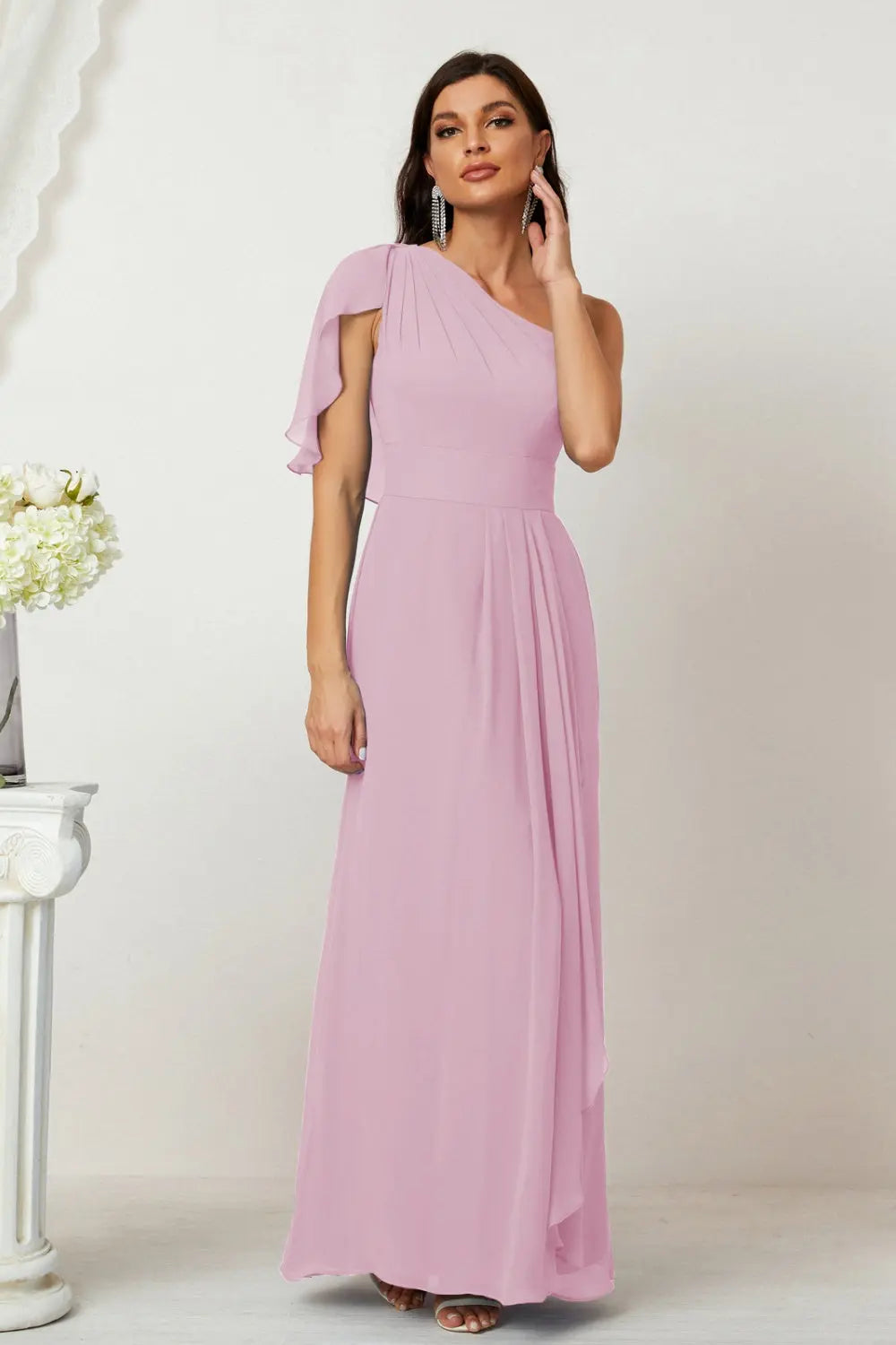 Dusty Blue One-Shoulder Chiffon A-Line Bridesmaid Dress BS028 Sheer Fairy