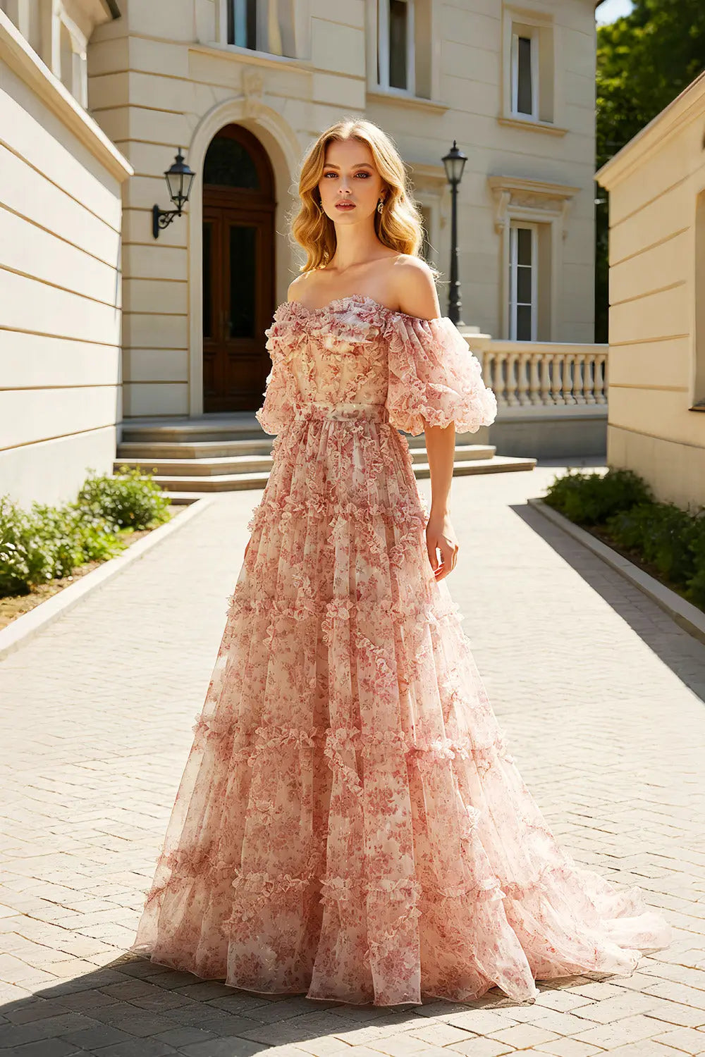 Champagne 3D Floral Tulle Mermaid V-Neck Prom Dress SH441 Sheer Fairy