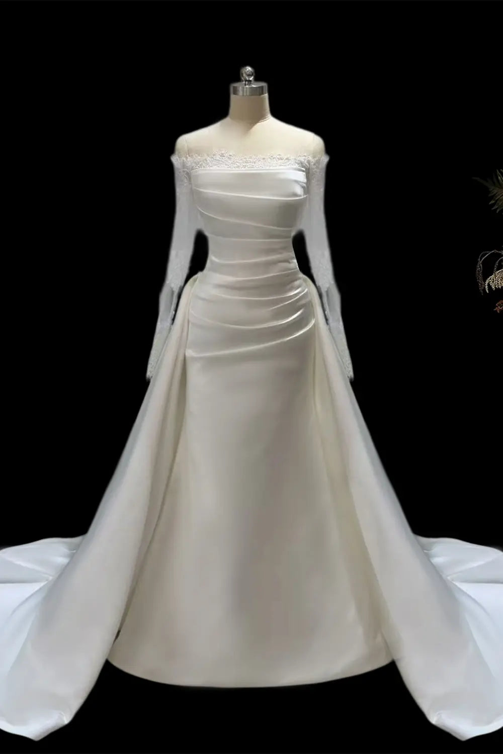 Ivory Lace Sleeve Satin Bridal Wedding Dress SW691 Sheer Fairy