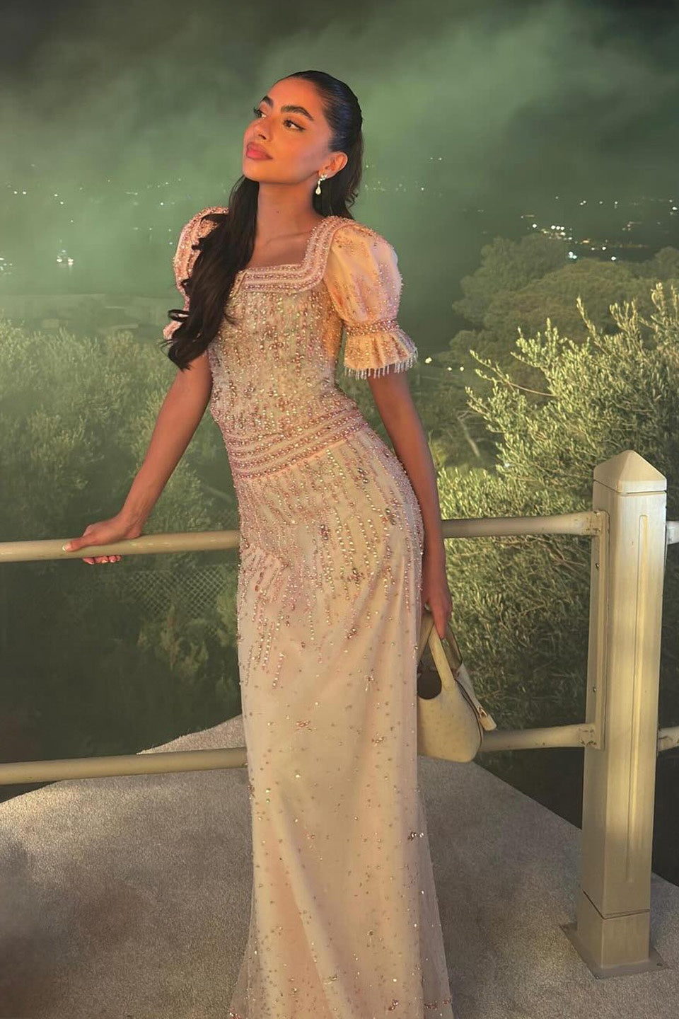 Pink Sequined Two-Piece Square Neck Puff Sleeve Mermaid Evening Dress SS548