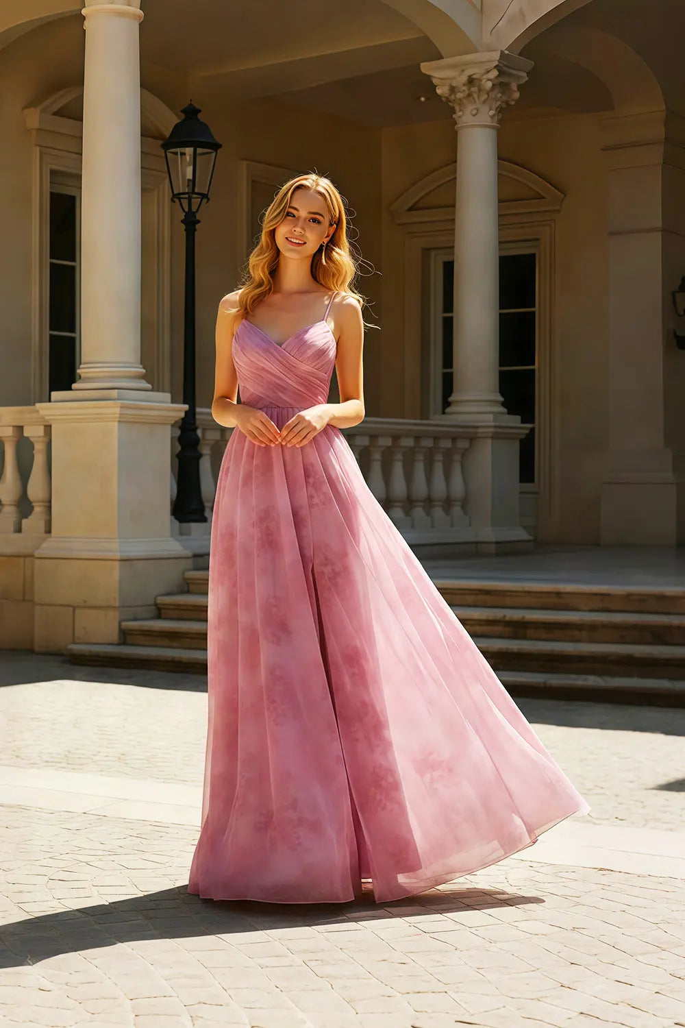 Pink Watercolor Floral Chiffon Spaghetti Strap A-Line Prom Dress SH423 Sheer Fairy