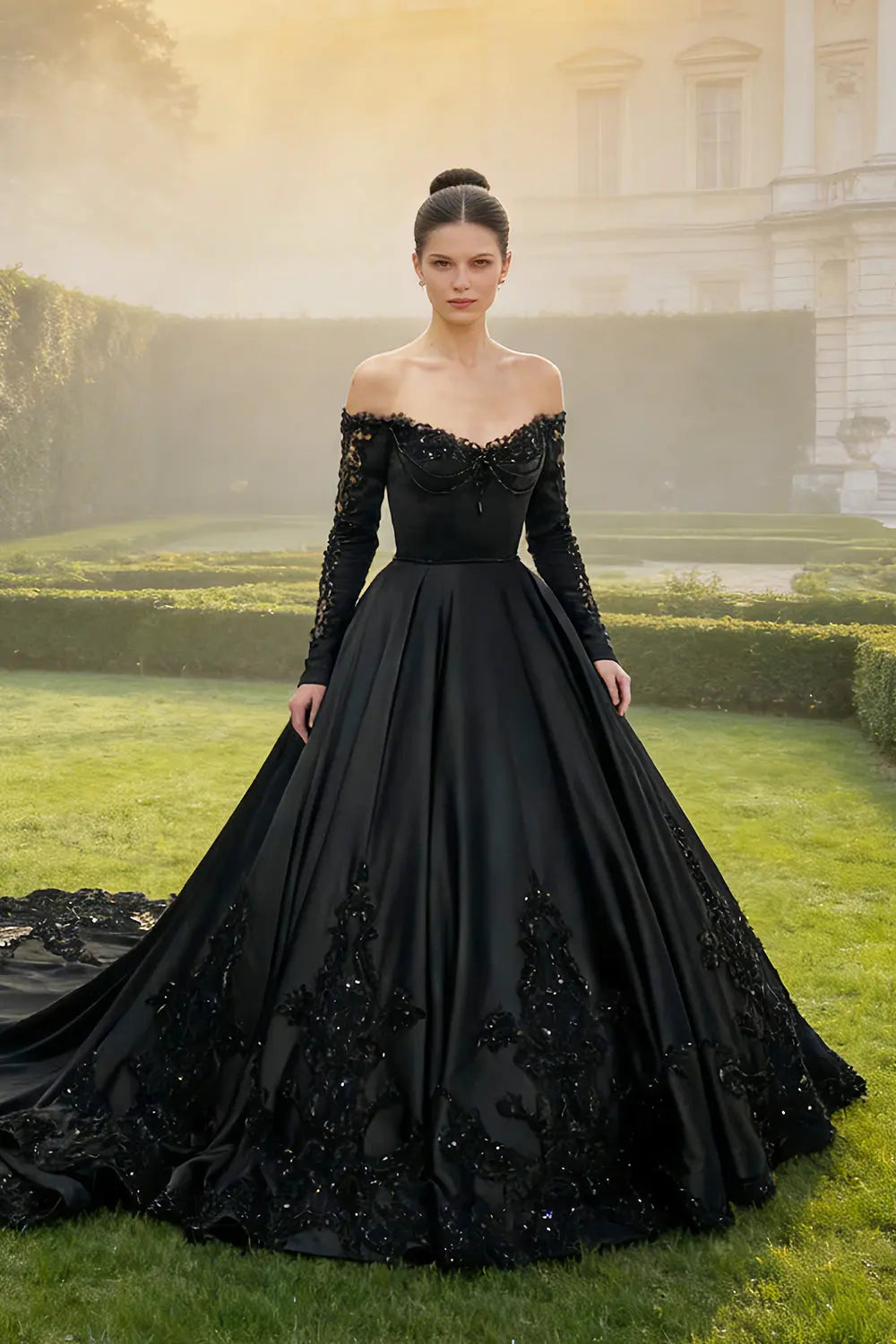 Black Satin Off-Shoulder Beaded Ballgown Wedding Dress SW558 Sheer Fairy