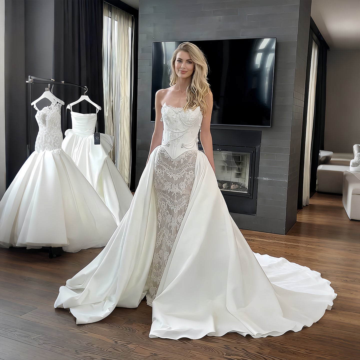 Strapless Beaded Lace Mermaid Wedding Dress with Detachable Satin Overskirt SW218 Sheer Fairy