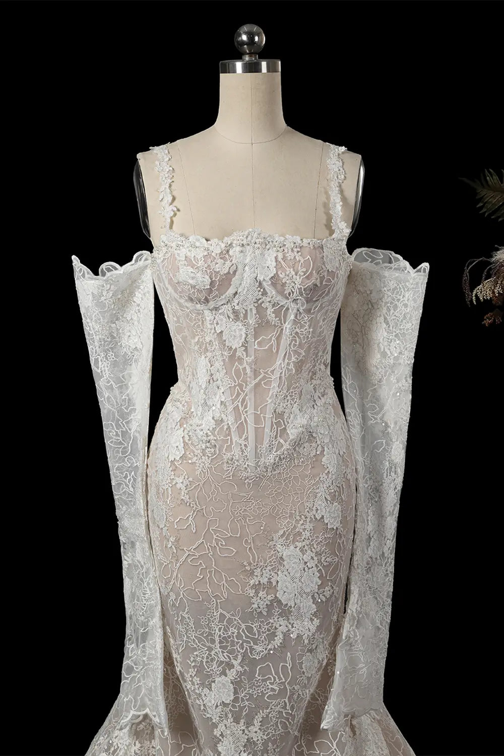 White Lace Mermaid Wedding Dress Long Sleeves Corset SW750 Sheer Fairy