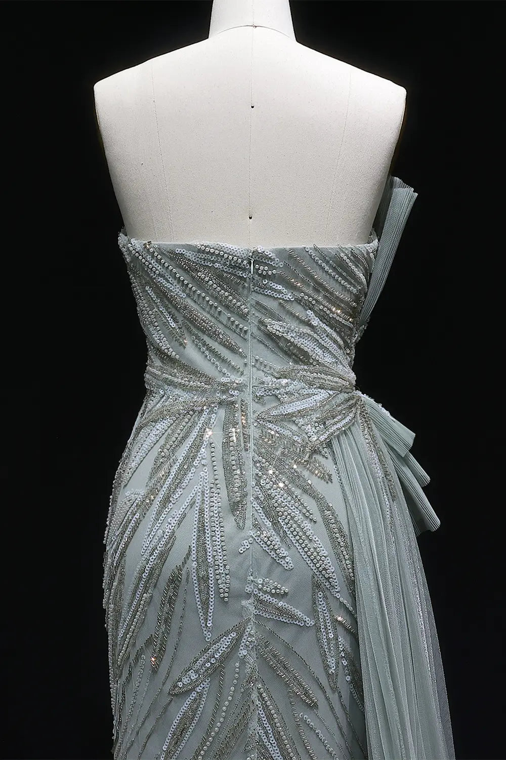 Sage Green One-Shoulder Beaded Tulle Mermaid Prom Dress Evening Gown with Ruffle SH064 Sheer Fairy