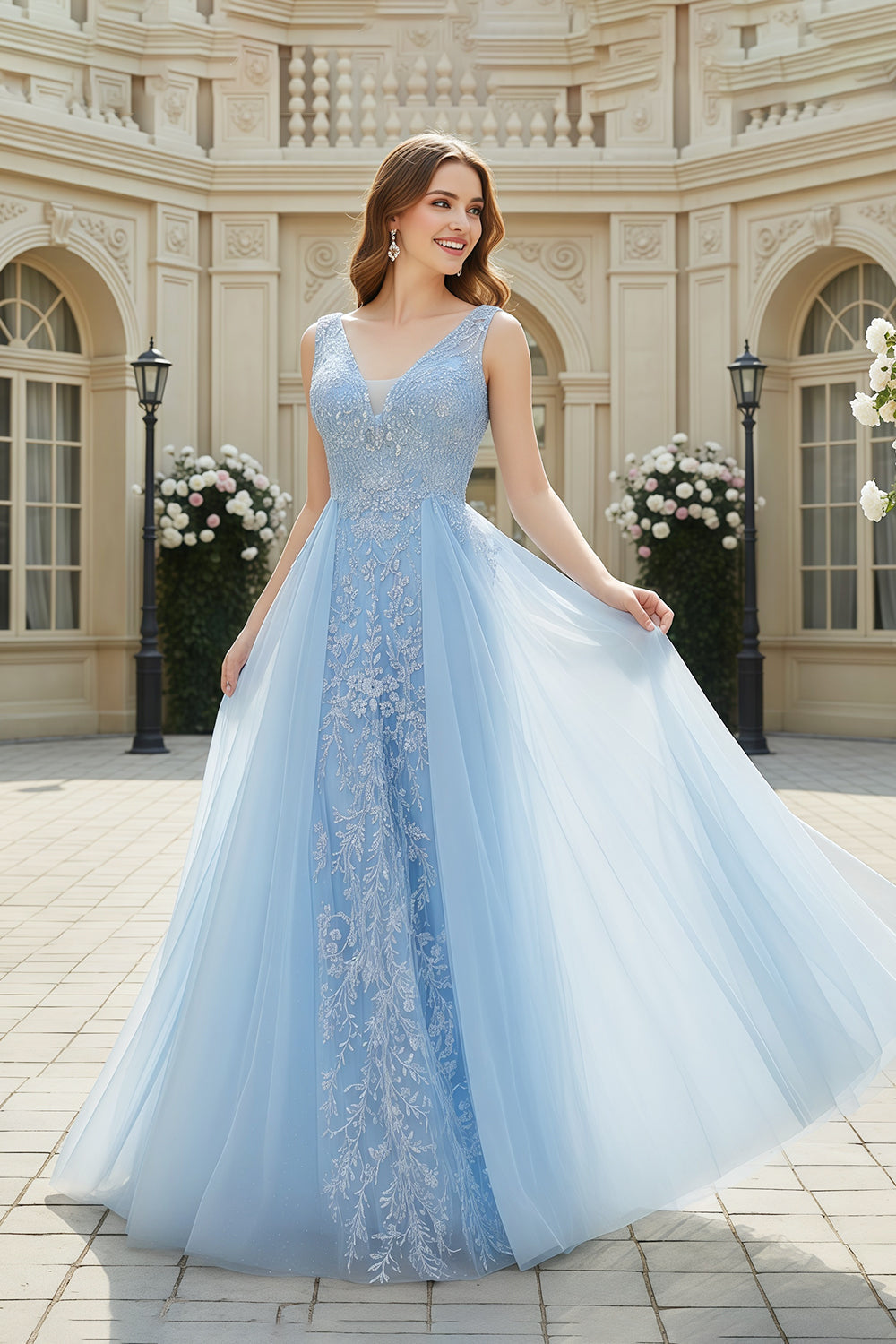 Luxury Blue Embroidery V-Neck Tulle Long Prom Dresses with Overskirt SH223 Sheer Fairy