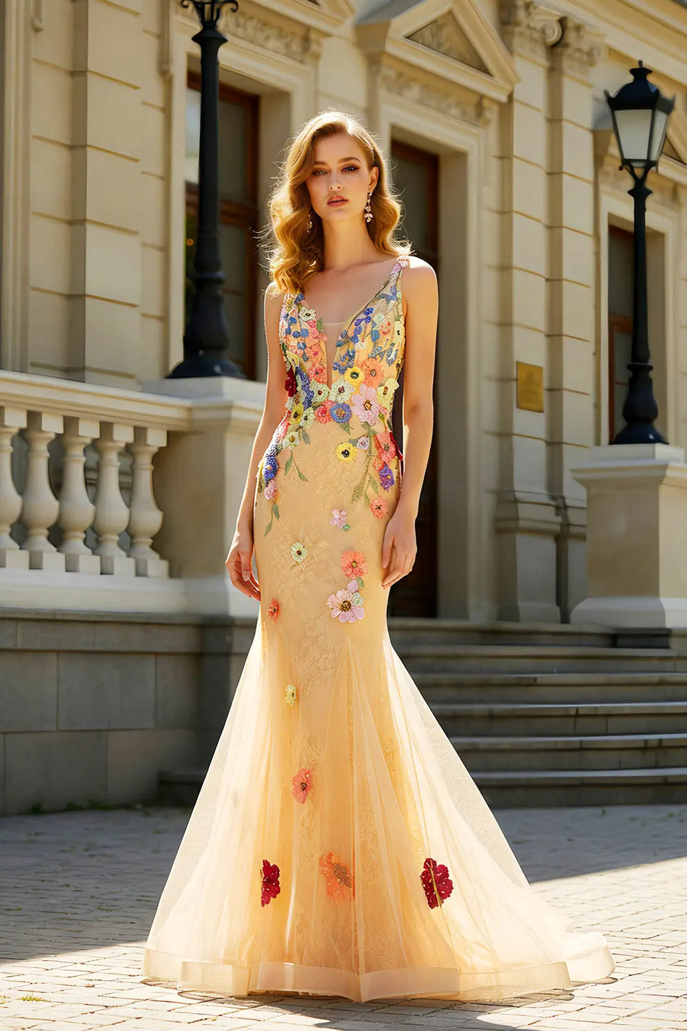 Champagne 3D Floral Tulle Mermaid V-Neck Prom Dress SH440 Sheer Fairy