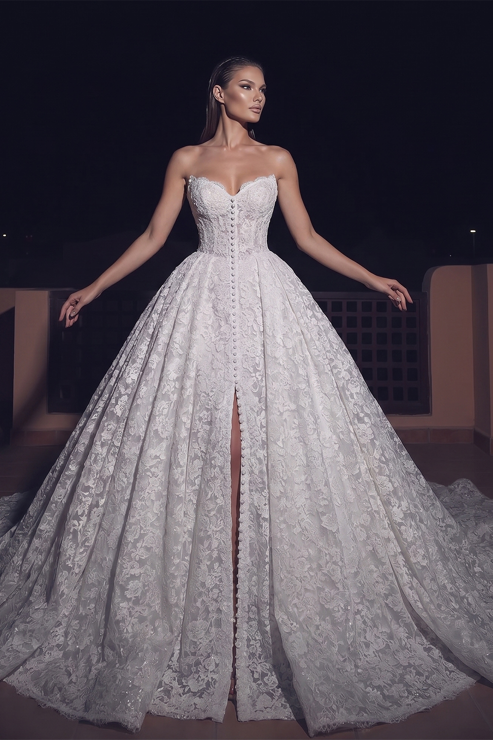 White Lace Strapless Princess Wedding Dress Button Down Front with Long Train SW742 Sheer Fairy