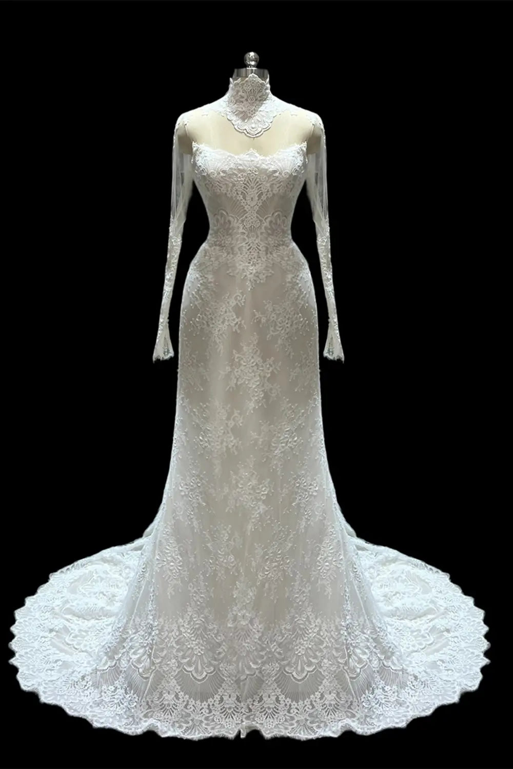 White High Neck Long Sleeve Wedding Dress SW687 Sheer Fairy