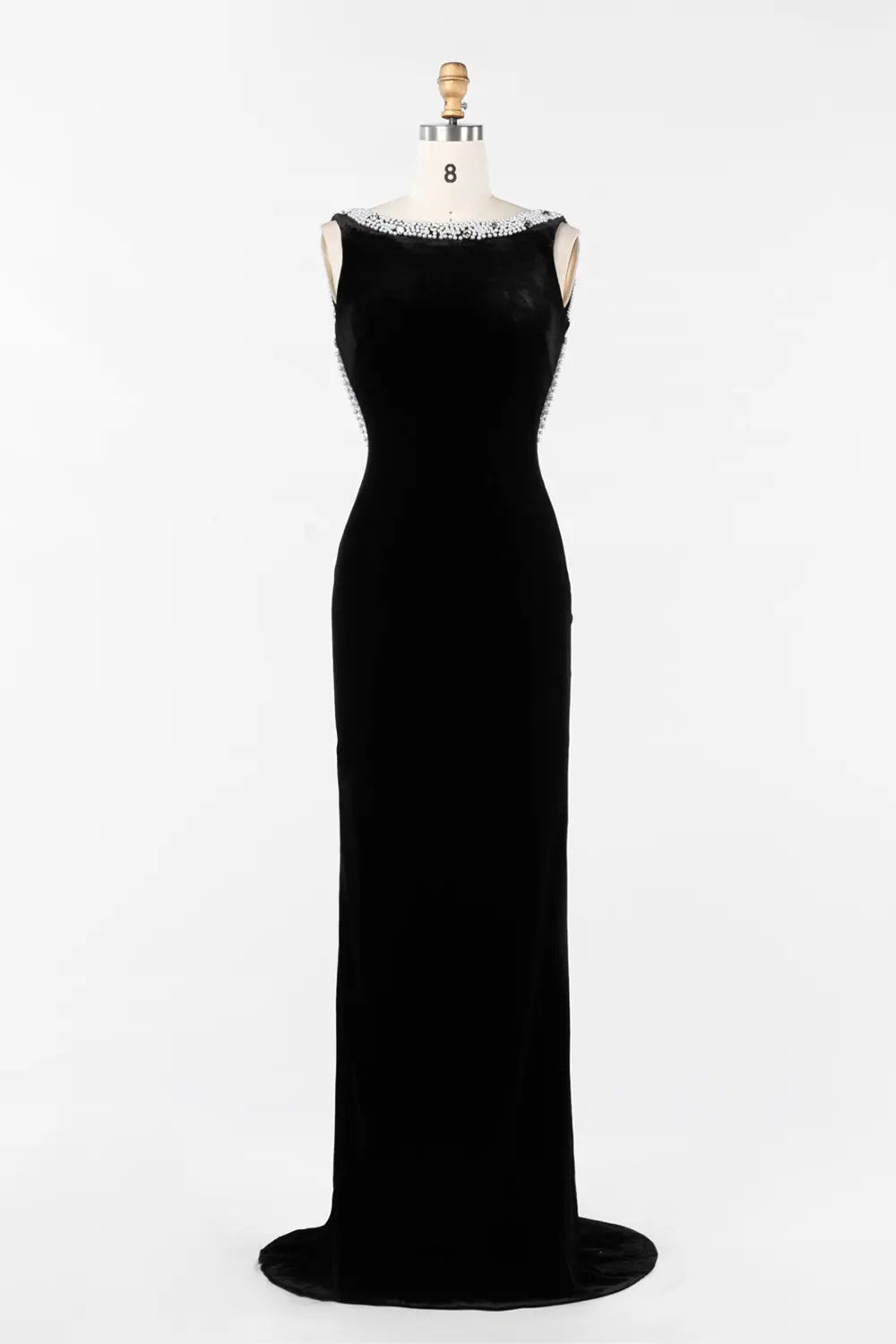 Black Velvet Beaded Neck Open Back Evening Gown ST046 Sheer Fairy