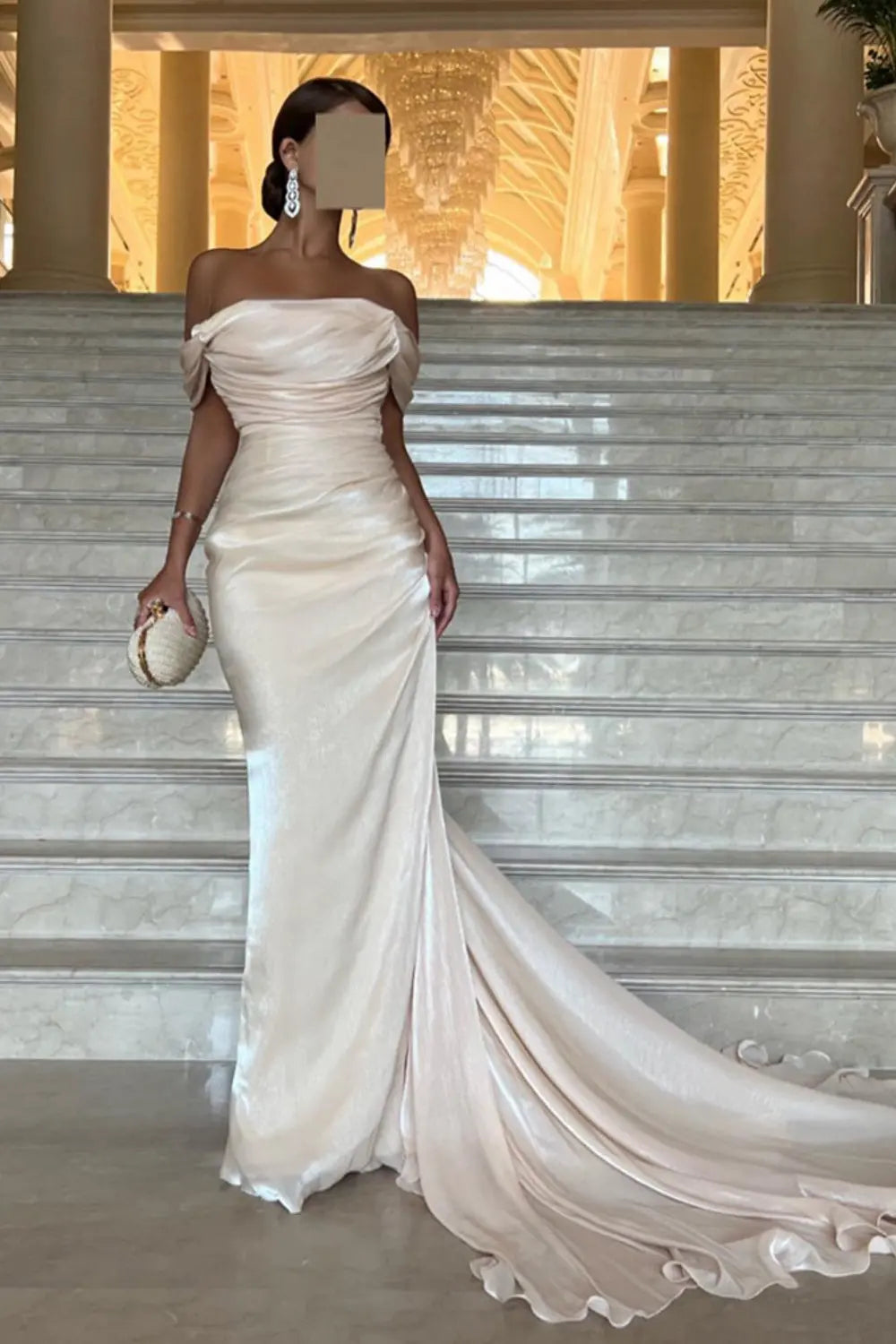 Elegant Off Shoulder Arabic Mermaid Beige Evening Dress SF001 Sheer Fairy