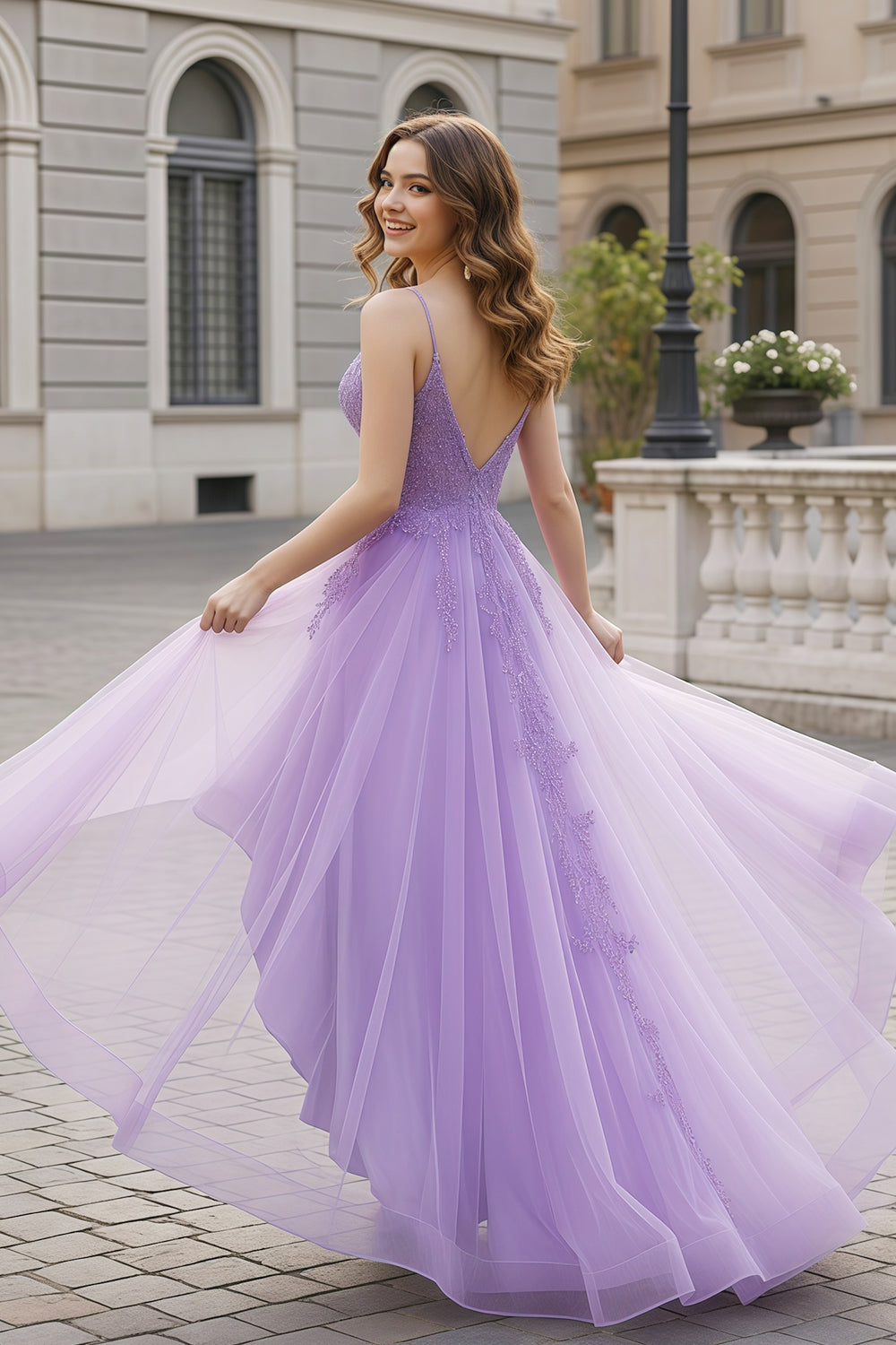 Luxury Lavender Purple Lace Deep V-Neck A-Line Prom Dress SH254 Sheer Fairy