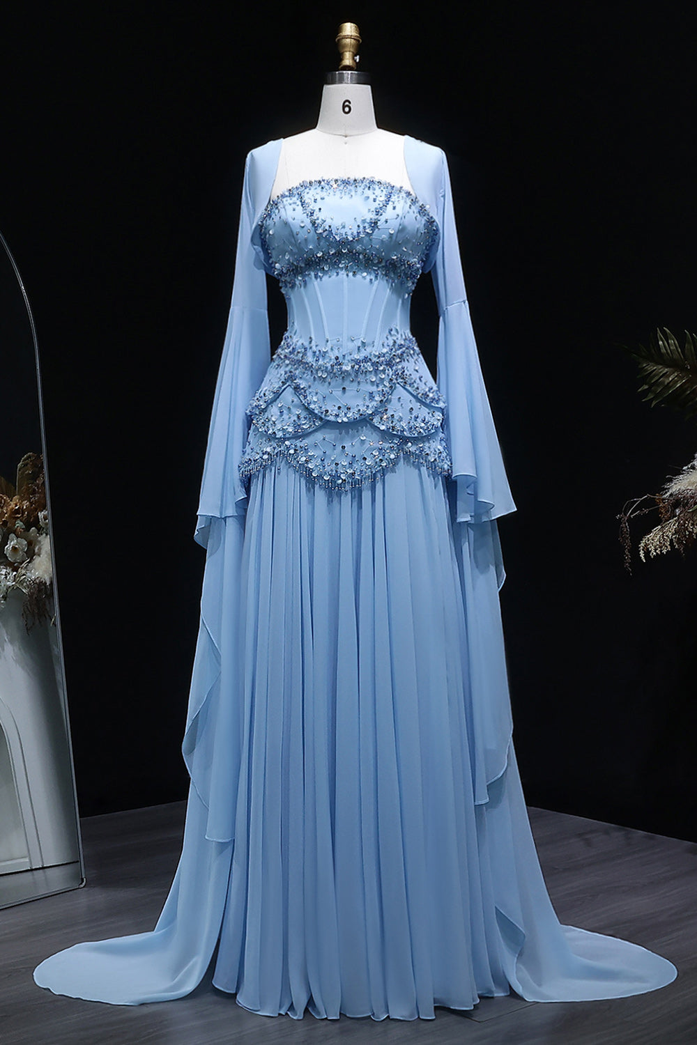 Luxury Sky Blue Beaded Formal Evening Gown with Bell Sleeves SS286 Sheer Fairy