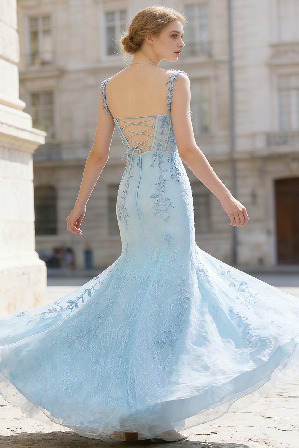 Light Blue Lace Spaghetti Straps Mermaid Prom Dress SH506 Sheer Fairy