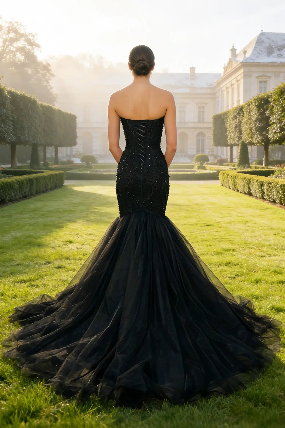 Black Beaded Strapless Mermaid Wedding Dress with SW554 Sheer Fairy