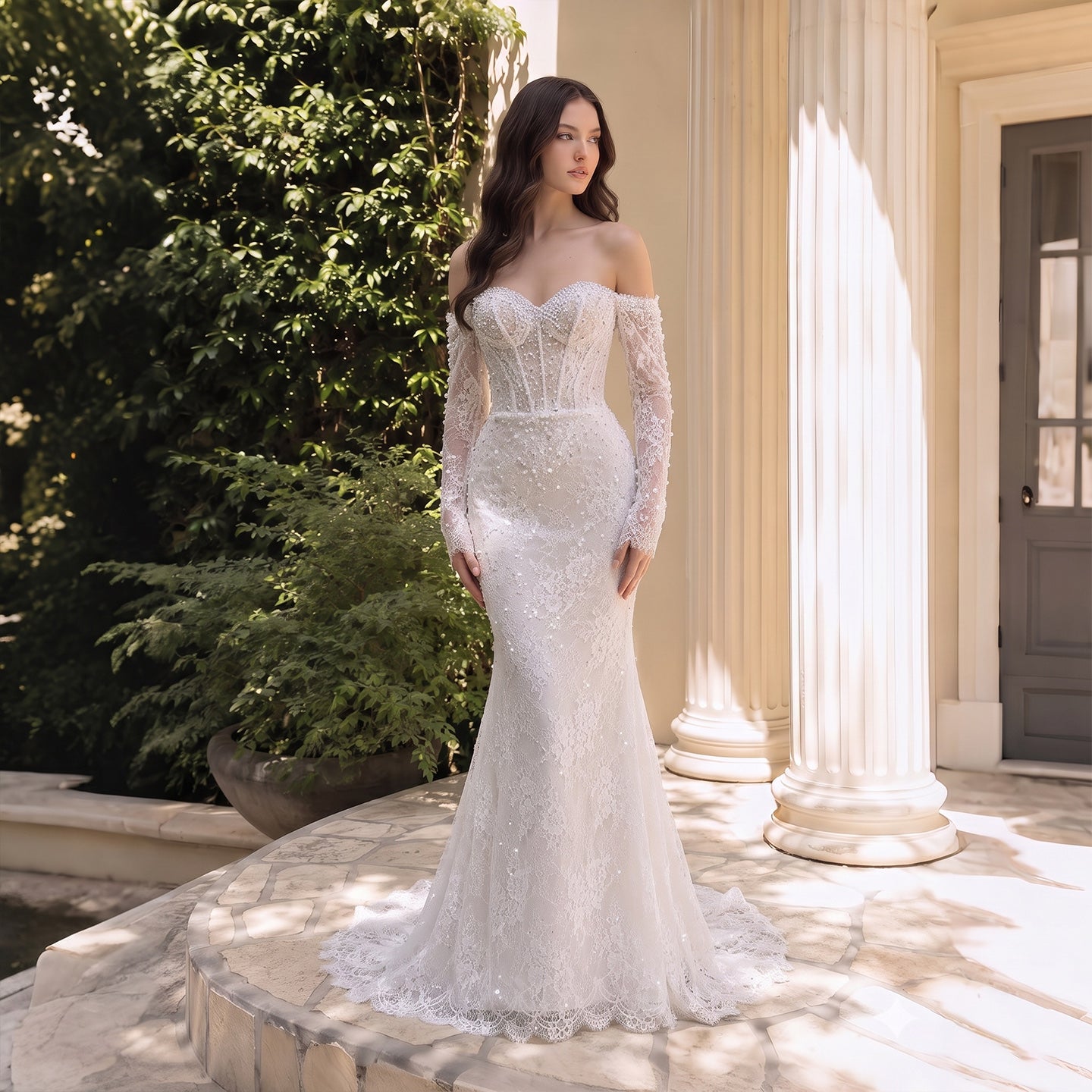 White Boho Romantic Lace Mermaid Wedding Dress Beaded Sequins With Lace Train SW627 Sheer Fairy