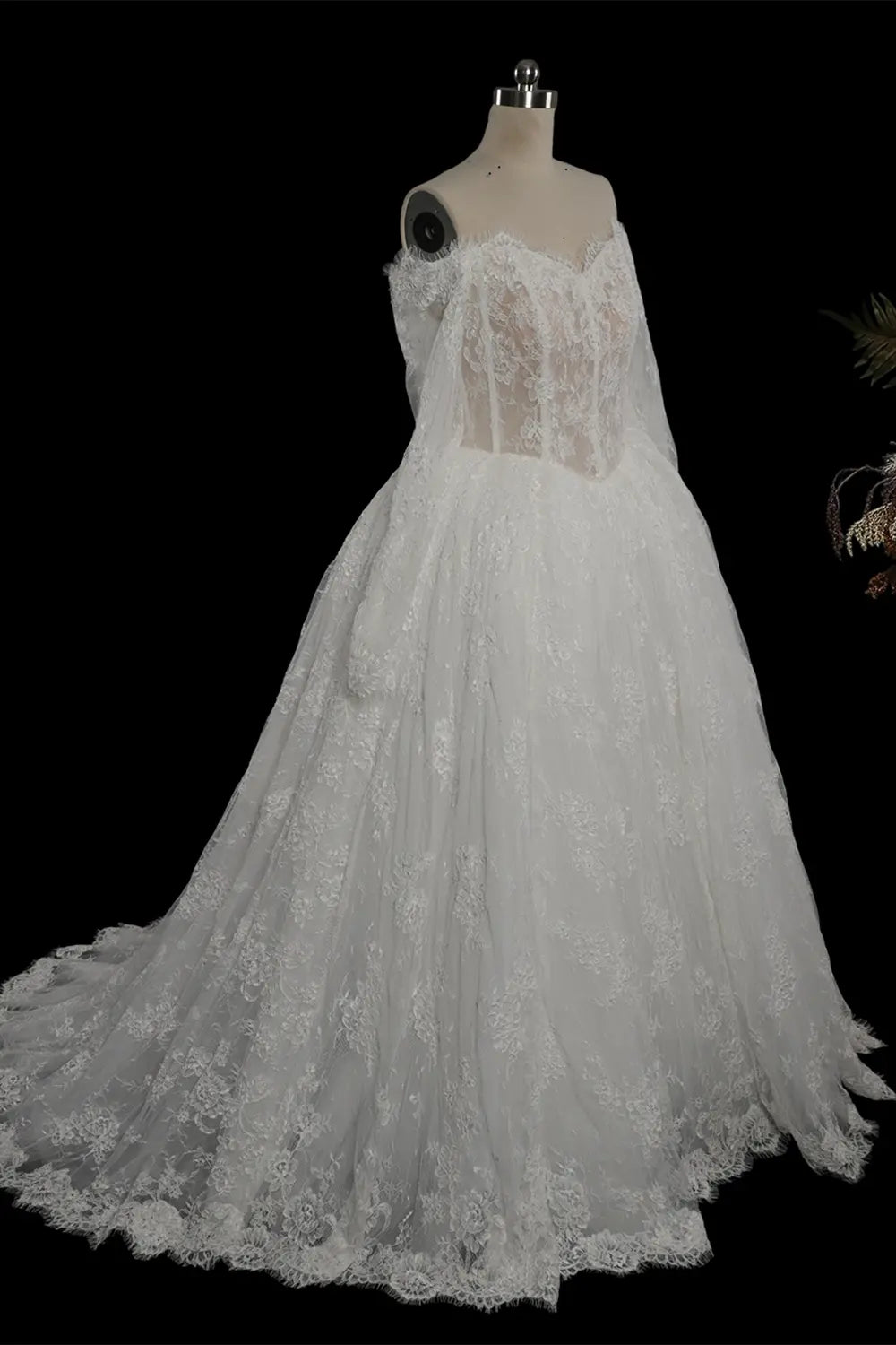 White Floral Lace Off The Shoulder Bridal Wedding Gown SW748 Sheer Fairy