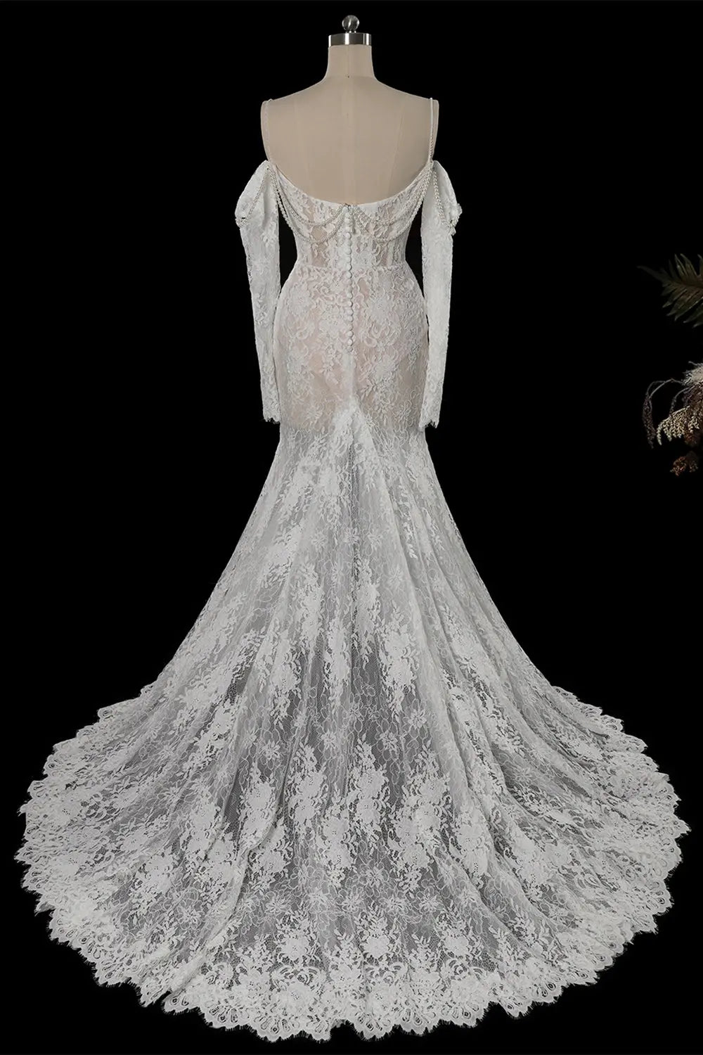 White Beaded Lace Mermaid Wedding Dress SW756 Sheer Fairy