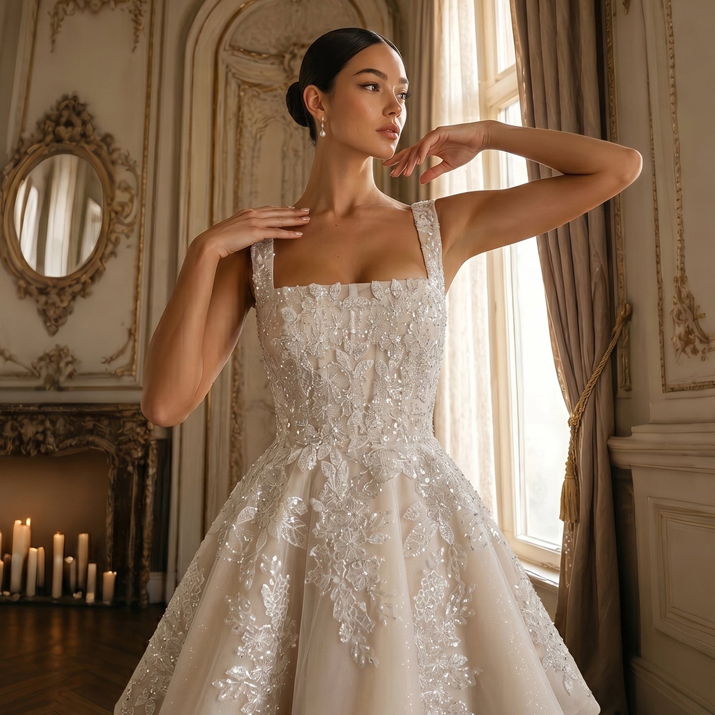 Romantic Floral Lace Wedding Dress with Tulle Skirt SW725 Sheer Fairy