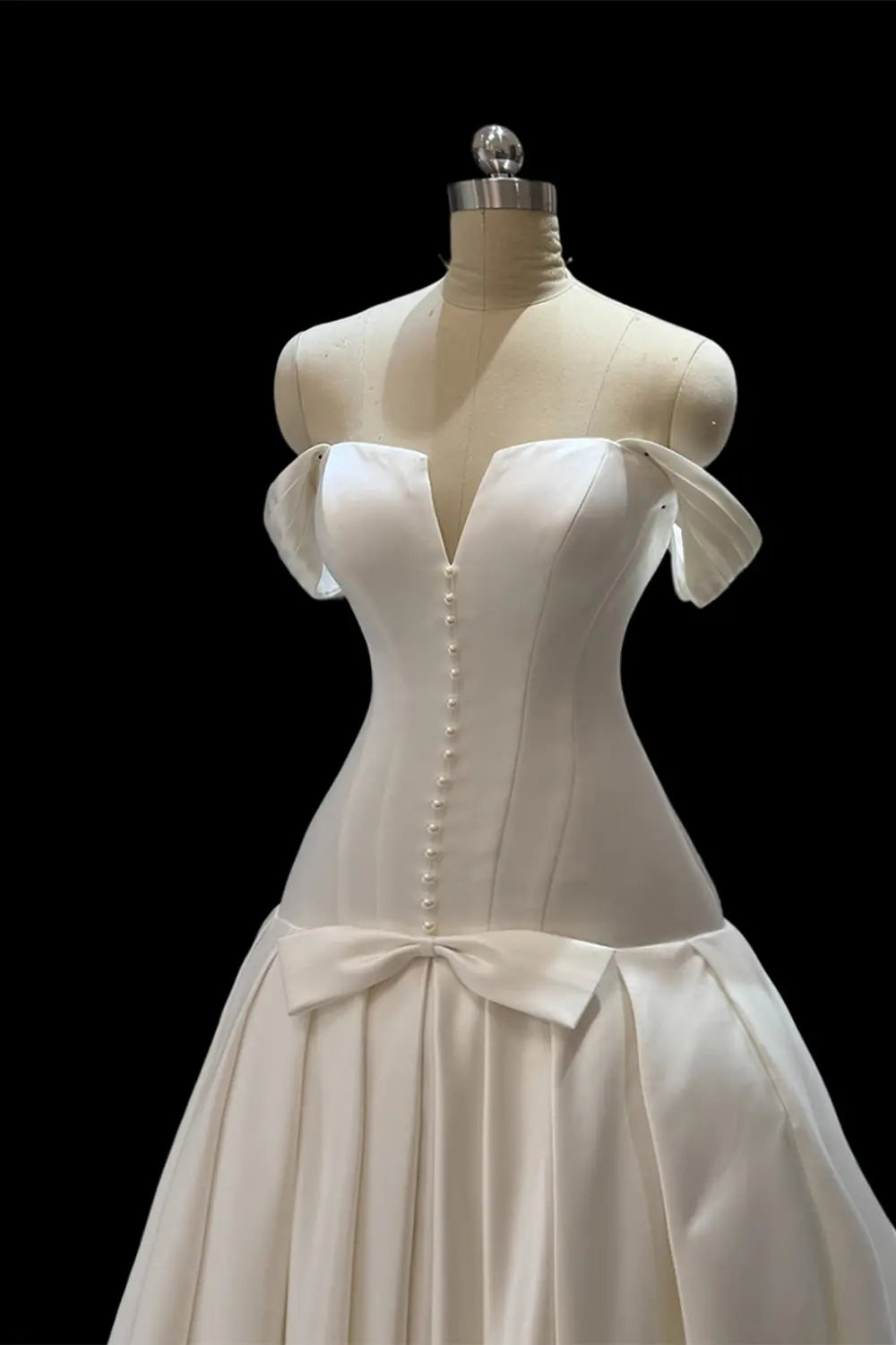 Ivory Off Shoulder Satin A Line Wedding Dress SW692 Sheer Fairy