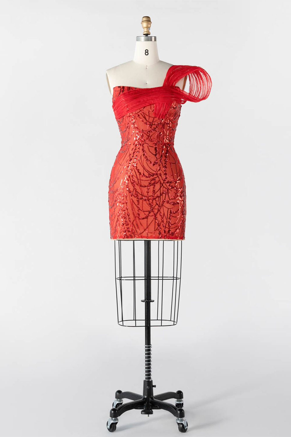Red Sequin One Shoulder Mini Evening Dress with 3D Sculptural Wave Detail ST015 Sheer Fairy