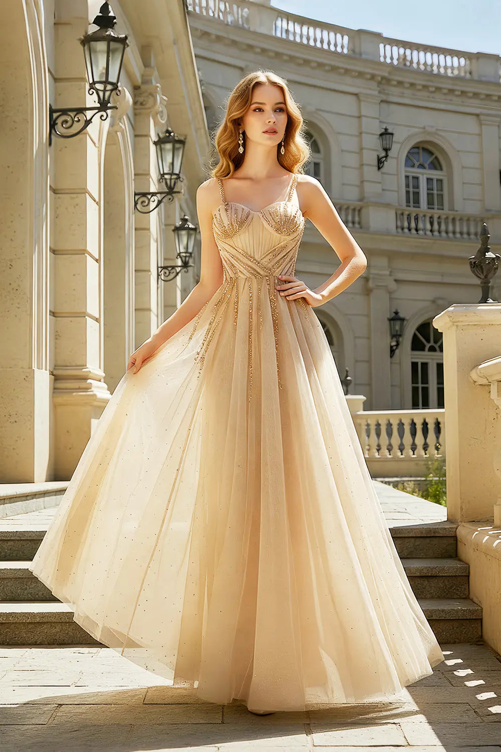Champagne Spaghetti Strap Tulle A-Line Prom Dress SH410 Sheer Fairy