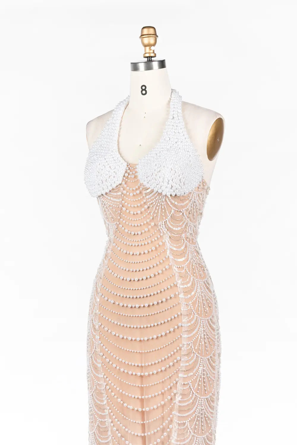 White Nude Beaded Halter Neck Evening Gown ST075 Sheer Fairy
