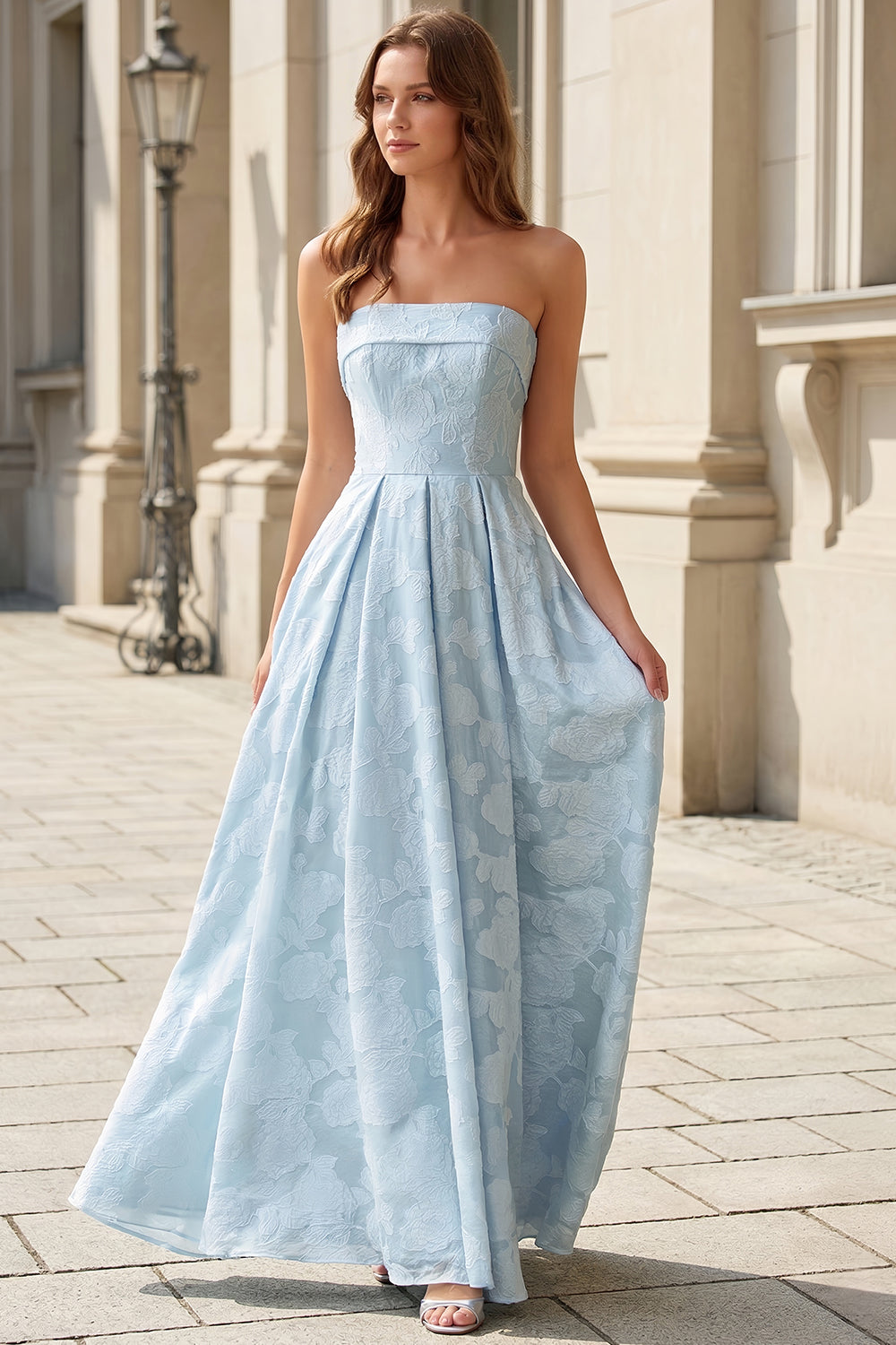 A Line Strapless Sky Blue Lace Sexy Prom Dress SH744 Sheer Fairy