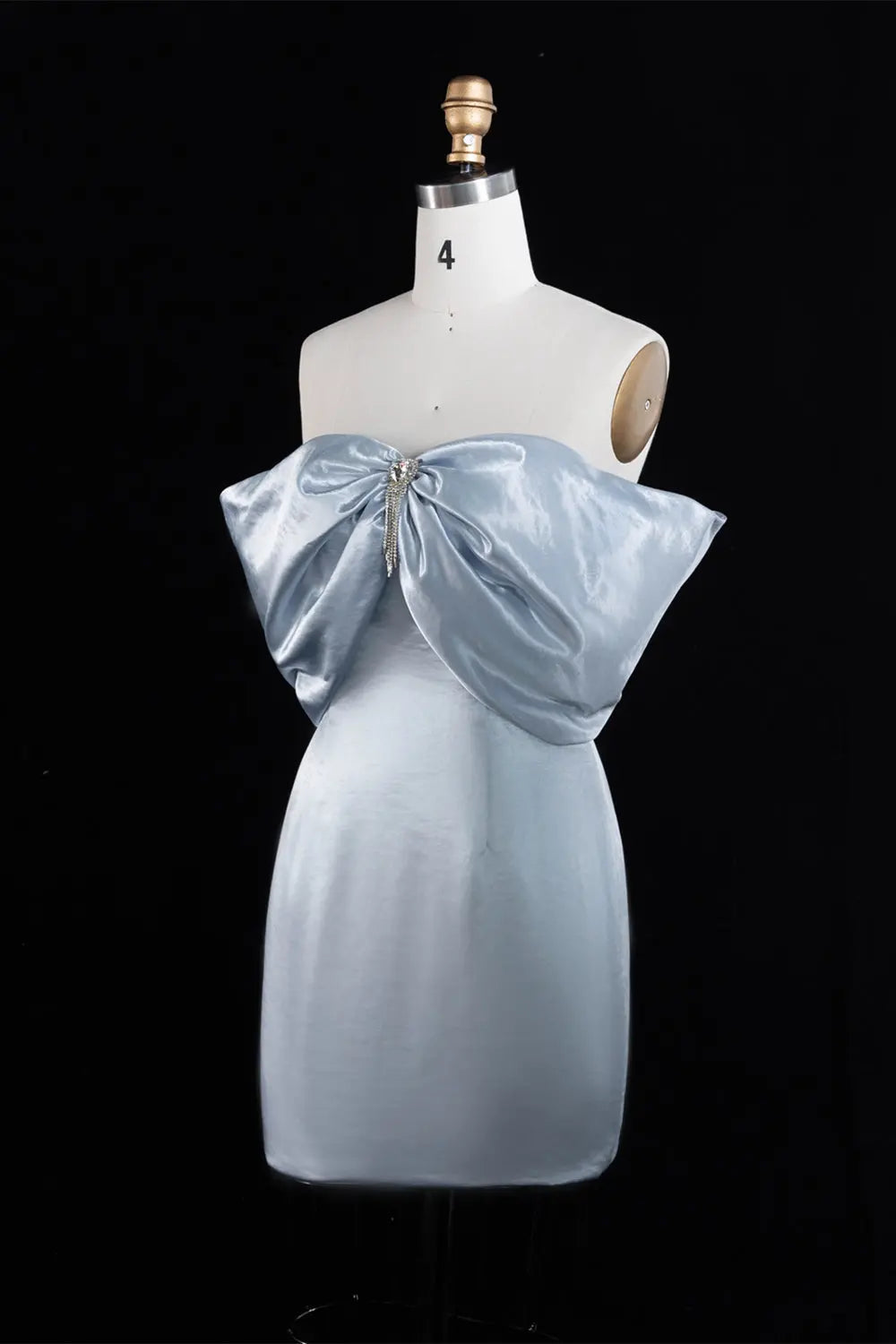 Light Blue Satin Off-Shoulder Sheath Mini Homecoming Dress RM185 Sheer Fairy