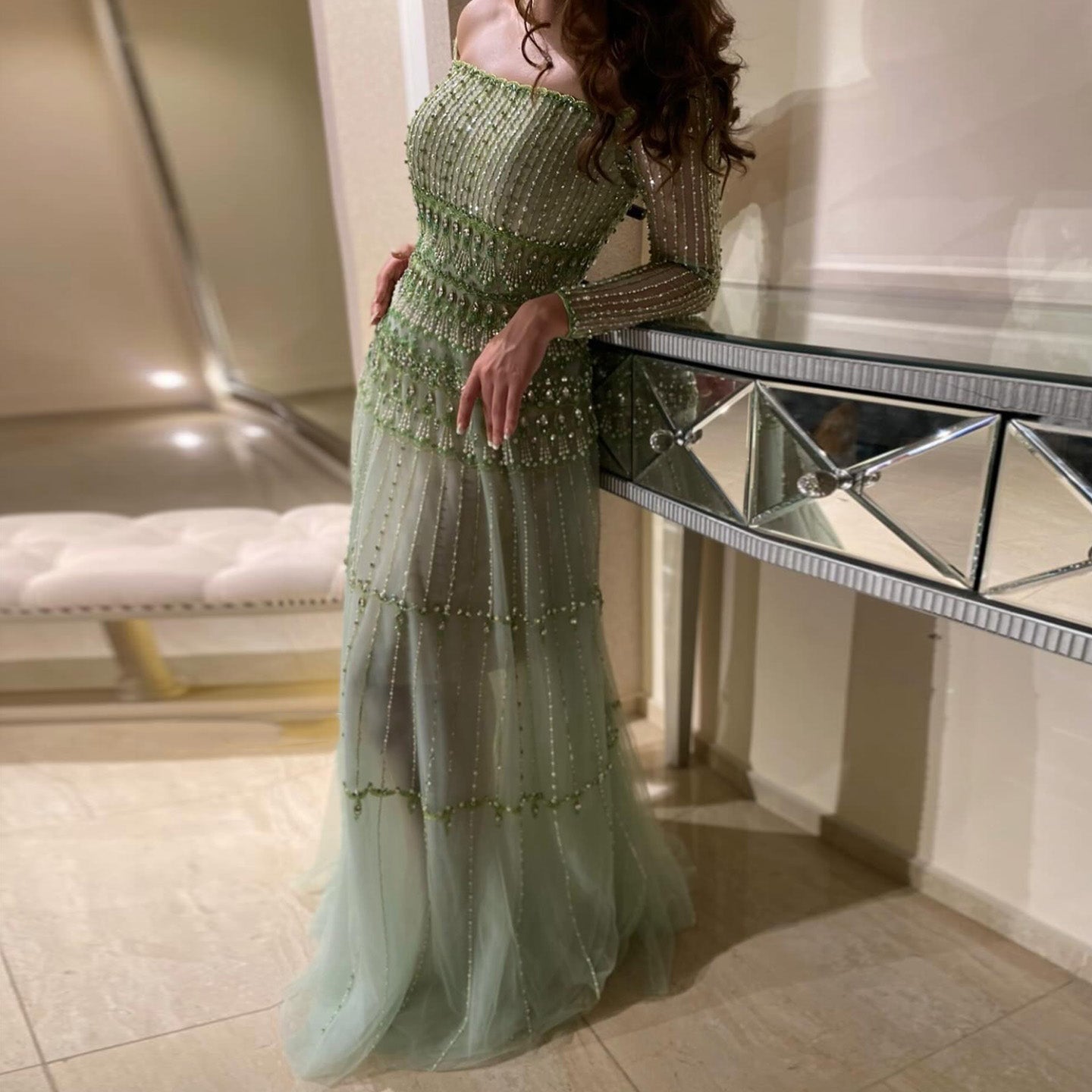 Green Off-Shoulder Long Sleeve Beaded A-Line Evening Dress SS588 Sheer Fairy