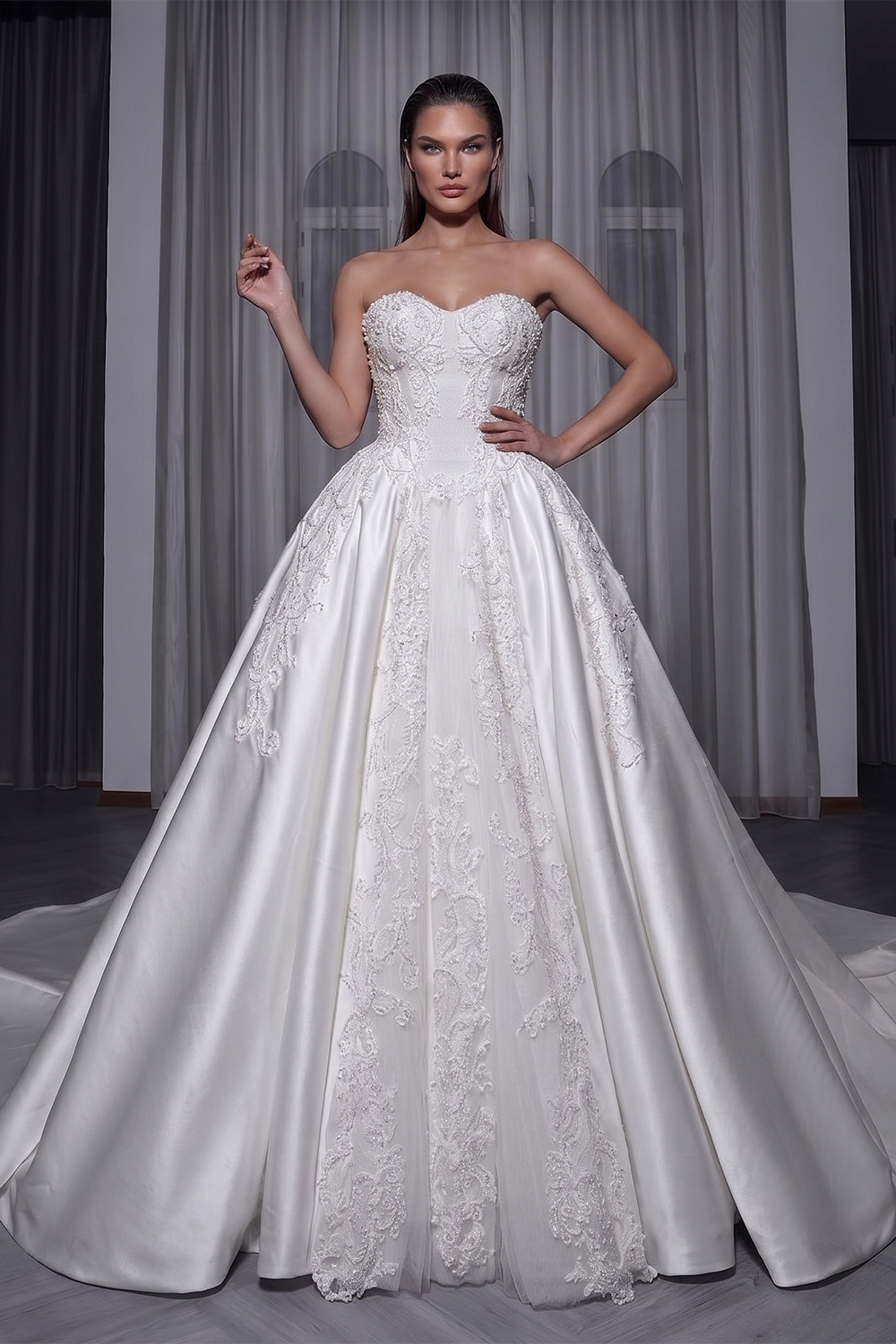 White Satin Sweetheart Princess Wedding Dress Lace Details with Long Cathedral Train SW743 Sheer Fairy