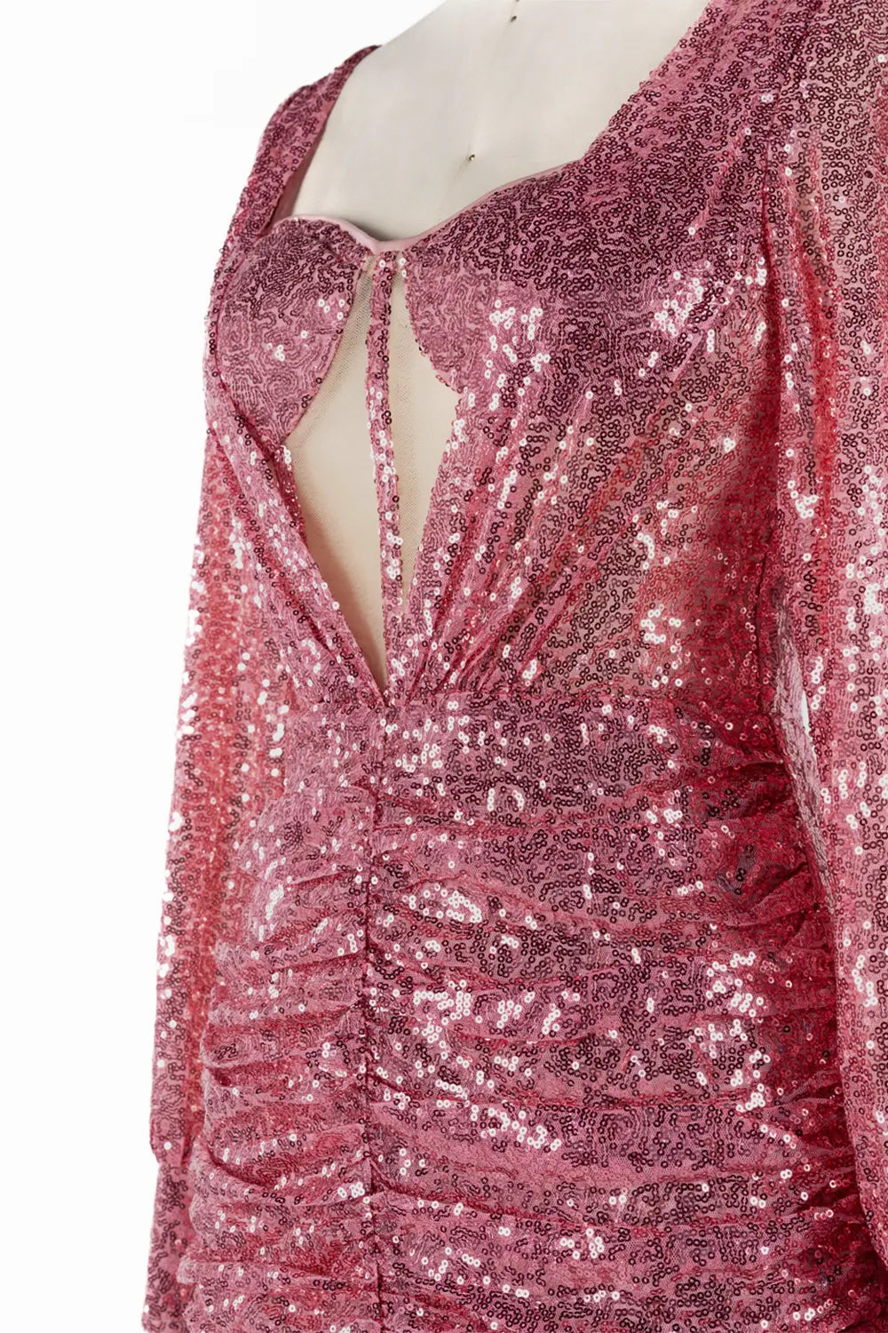 Rose Pink Sparkly Long Sleeve Ruched Cocktail Mini Dress ST059 Sheer Fairy