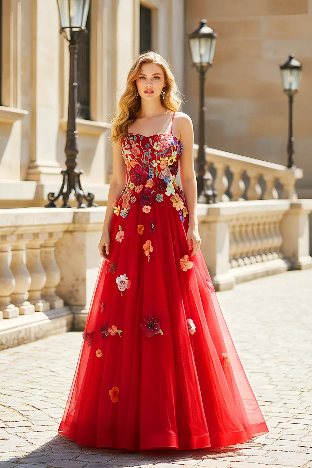 Red Tulle A-Line Spaghetti Strap Prom Dress with 3D Floral SH446 Sheer Fairy