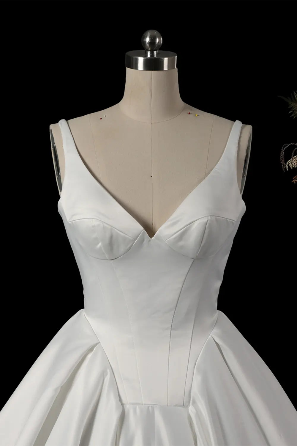 White V Neck Sleeveless Satin Chapel Train Bridal Gown SW749 Sheer Fairy